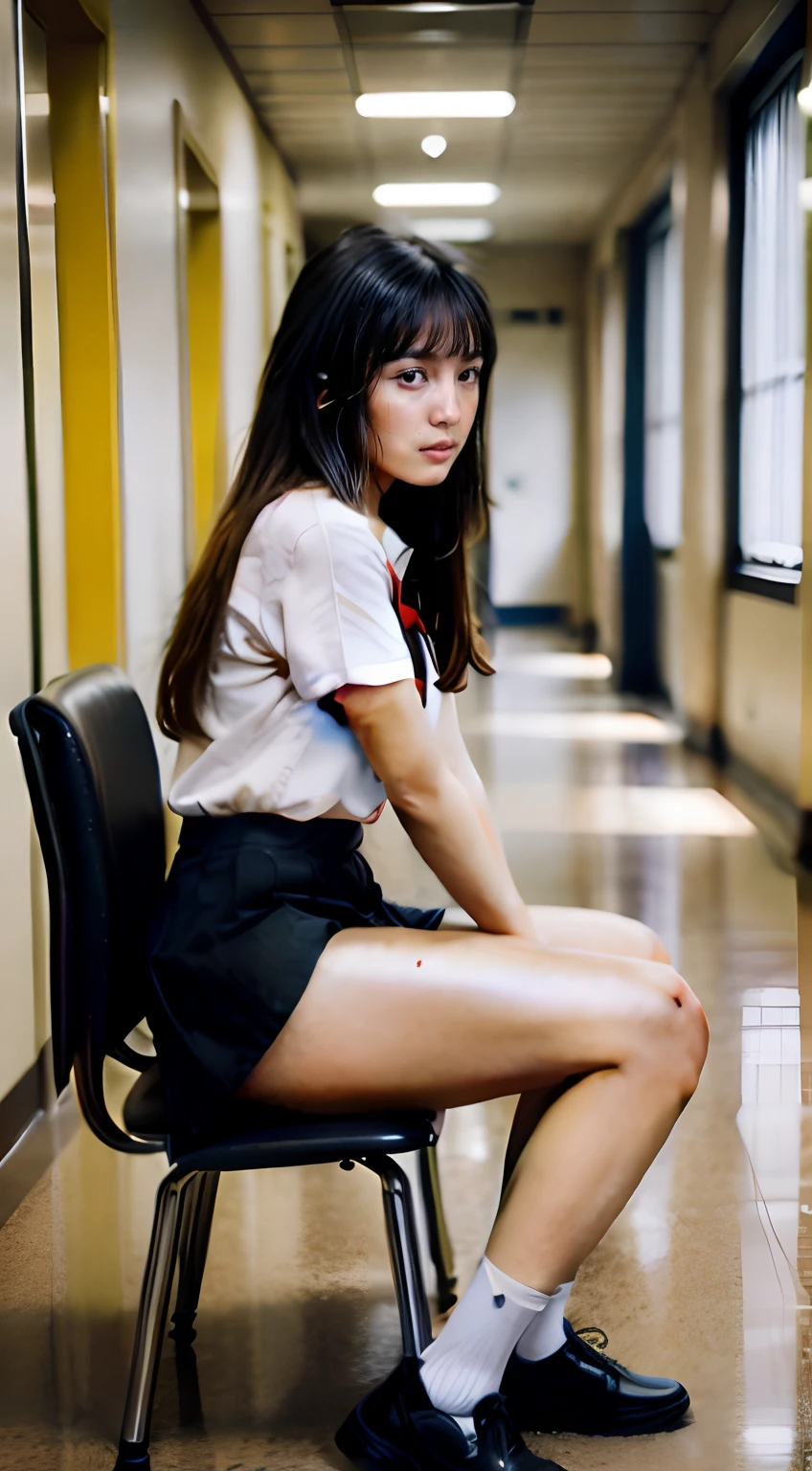 (Medium_shot:1.2), Best Quality, (8K, Raw photo, high angle full body shot,longshot,masutepiece:1.2), (Realistic, Photorealsitic:1.4),(1girl in),Japan High School Miniskirt Uniform,bow ribbon,Long straight hair,((thighs thighs thighs thighs,groin)),(Slender body,Brown skin),Sitting on a chair in a high school hallway and opening legs