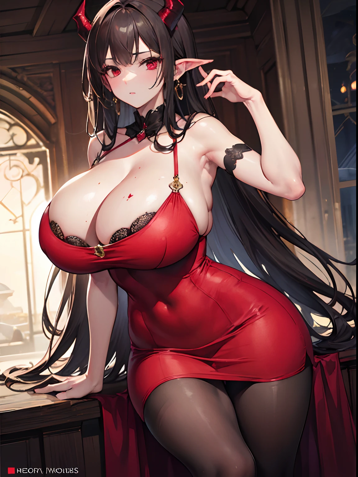 beautiful longhaired beautiful elegant and dominating and sexy succubus, full one piece dress, adult figure, petite body, ((unrealistically extremely large triple i cup breasts that are larger than anything realistic:1.2)), ((((only thigh to head shot)))), ((medieval nobles residence)), succubus horns, pointed succubus ears, blood red eyes, succubus demon tail, ((medieval fantasy motif)), black pantyhose,