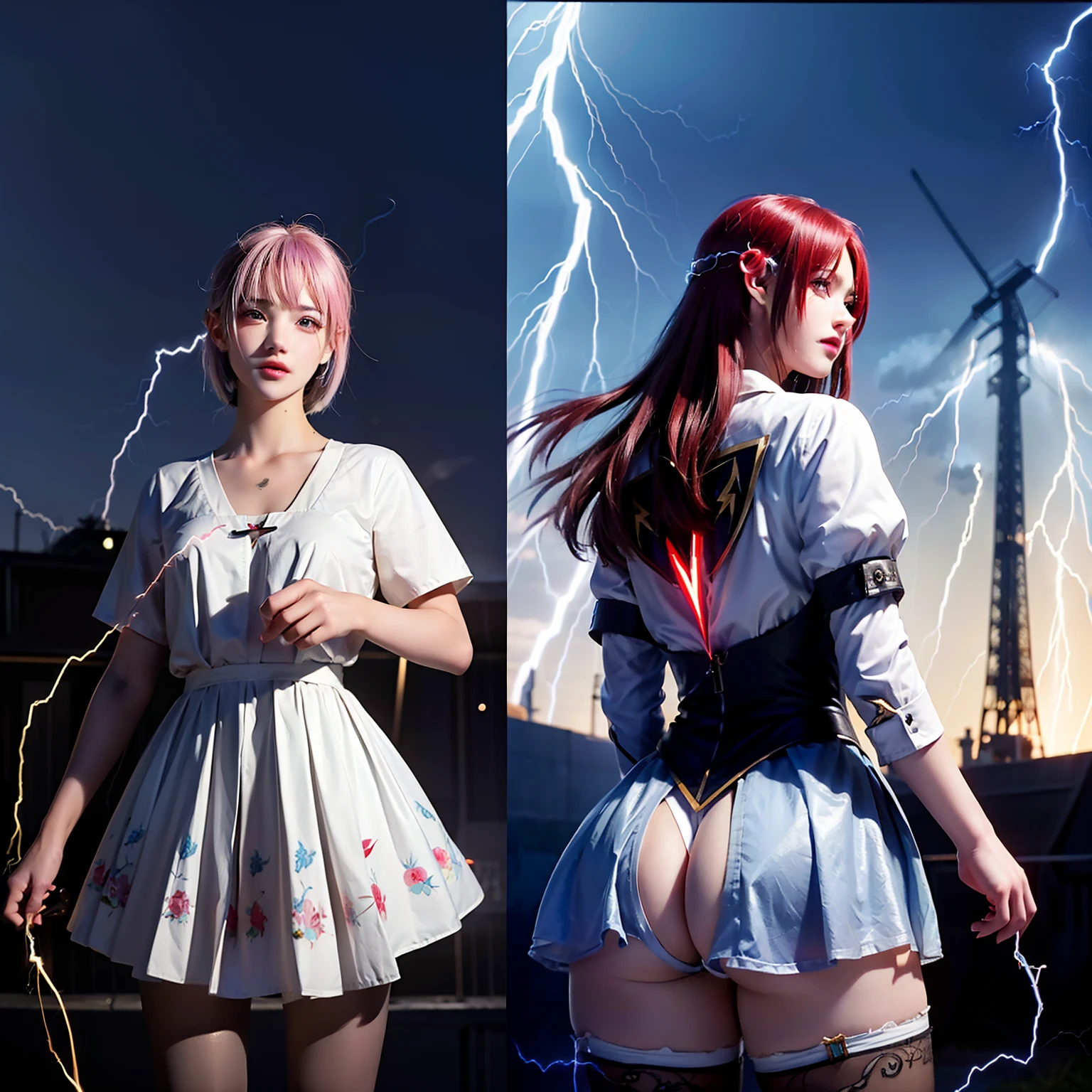 ((Best quality)), ((Masterpiece)), ((Ultra-detailed)), (illustration), (Detailed light), (An extremely delicate and beautiful),(Cowboy shot),[(Fight against split-screen themes)::0.4], (2 girls:1.25)
/=
(Left side and red hair and(Lightning strikes and (electrical shock:1.25)))>),(Detailed anime face),Glowing pupils,
/=
(Back to back:1.2),(Yuri:0.8),(Flash perspective:1.3),
/=
(Right side and blue hair and (Lightning strikes and (electrical shock:1.25)))>),(Detailed anime face),Glowing pupils,
/=
(night sky background),(Cloudy sky),((Electricity)),((Wind)),Depth of field,best illuminate,volumettic light,