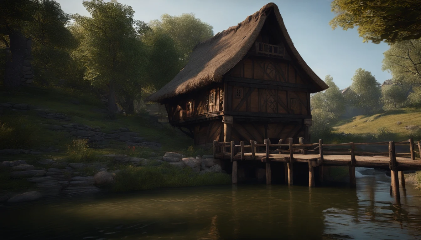 A wooden house next to a watermill with large rollers，A river，uni, detailed scenic view, , medieval village, ，Heroes of Might & Magic 3，Fantastical，4K，best qualtiy，primitive，Intense light and shadow，（(Ultra-detailed and high-precision details))，(The picture is clear and sharp),The tree texture is detailed