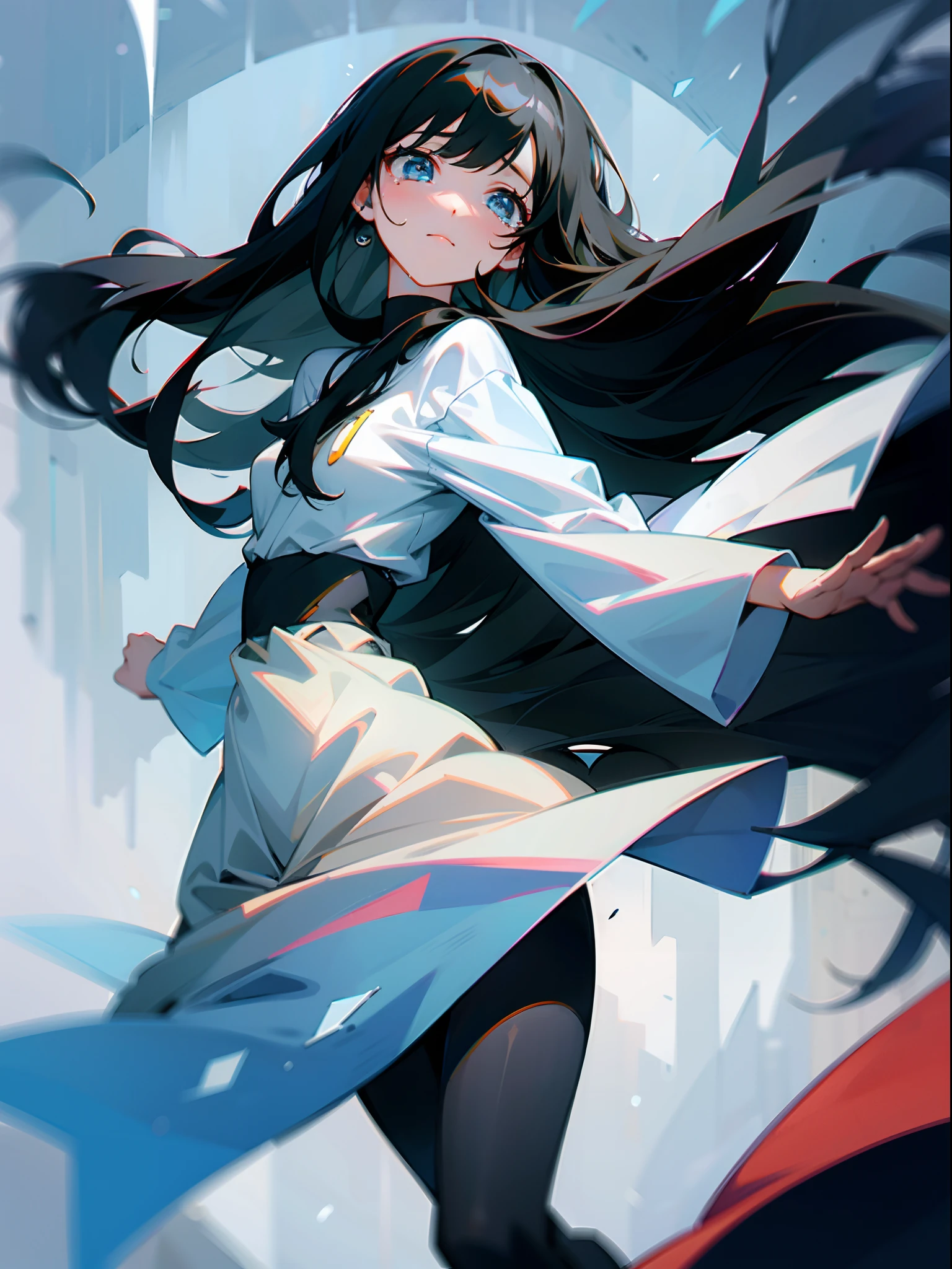 one girls, Long Black Hair, Falling from the sky, Facing up, Tears flow from the eyes