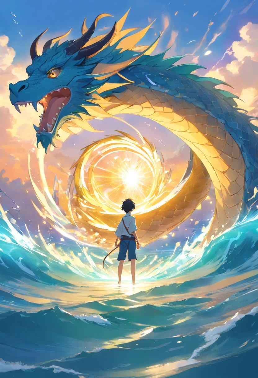(2dragons asiatique dans bulle dimensionnelle, 1 golden surrounded by the energy of water consciousness and 1 indigo surrounded by the energy of air consciousness) 1homme antillais avec cheveux longs de 21 ans qui regarde les dragons, wrapped in golden energy, He levitates, with a background a trace of Africa
