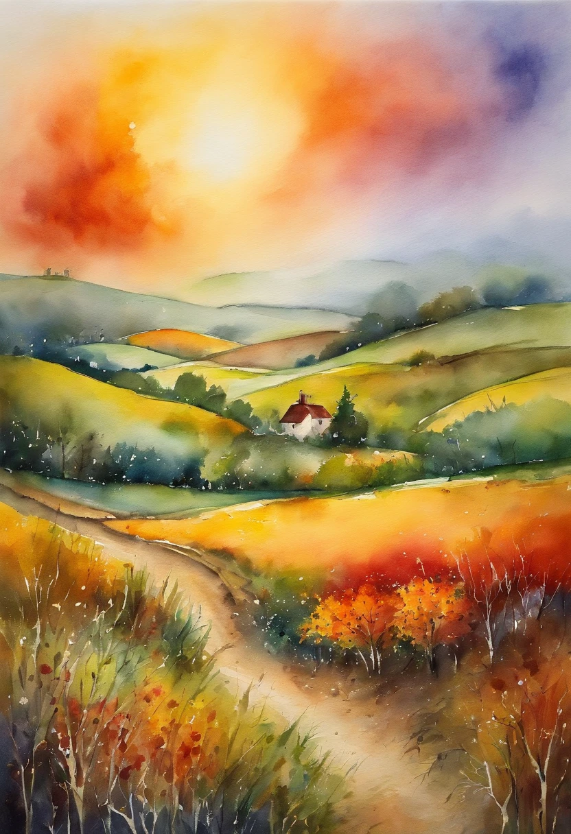 A vivid abstract painting，Depicts sun-drenched wormwood fields，There is a tree in the middle. rainy days