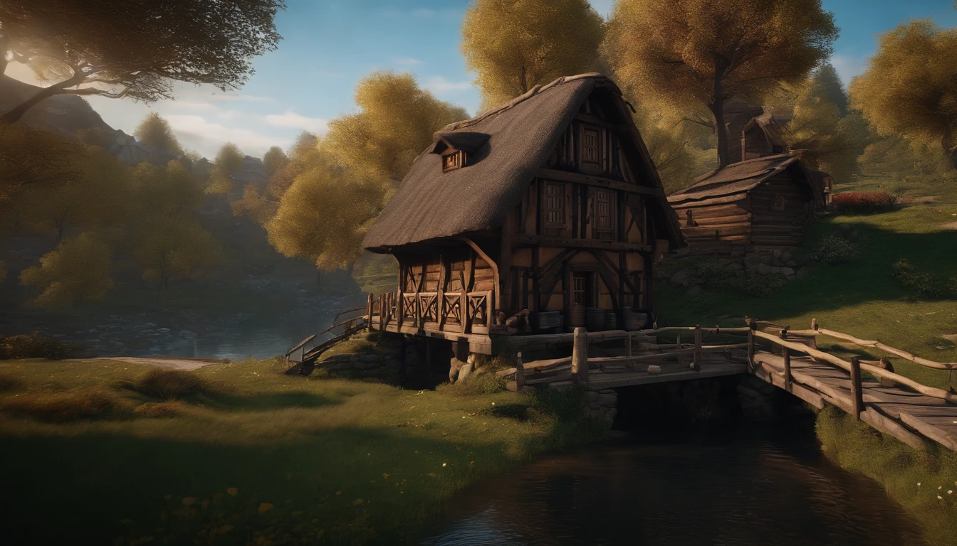A wooden house next to a watermill with large rollers,A river,uni, detailed scenic view, , medieval village, ,Heroes of Might & Magic 3,Fantastical,4K,best qualtiy,primitive,Intense light and shadow,((Ultra-detailed and high-precision details)),(The picture is clear and sharp),The tree texture is detailed,The landscape has a sense of layering
