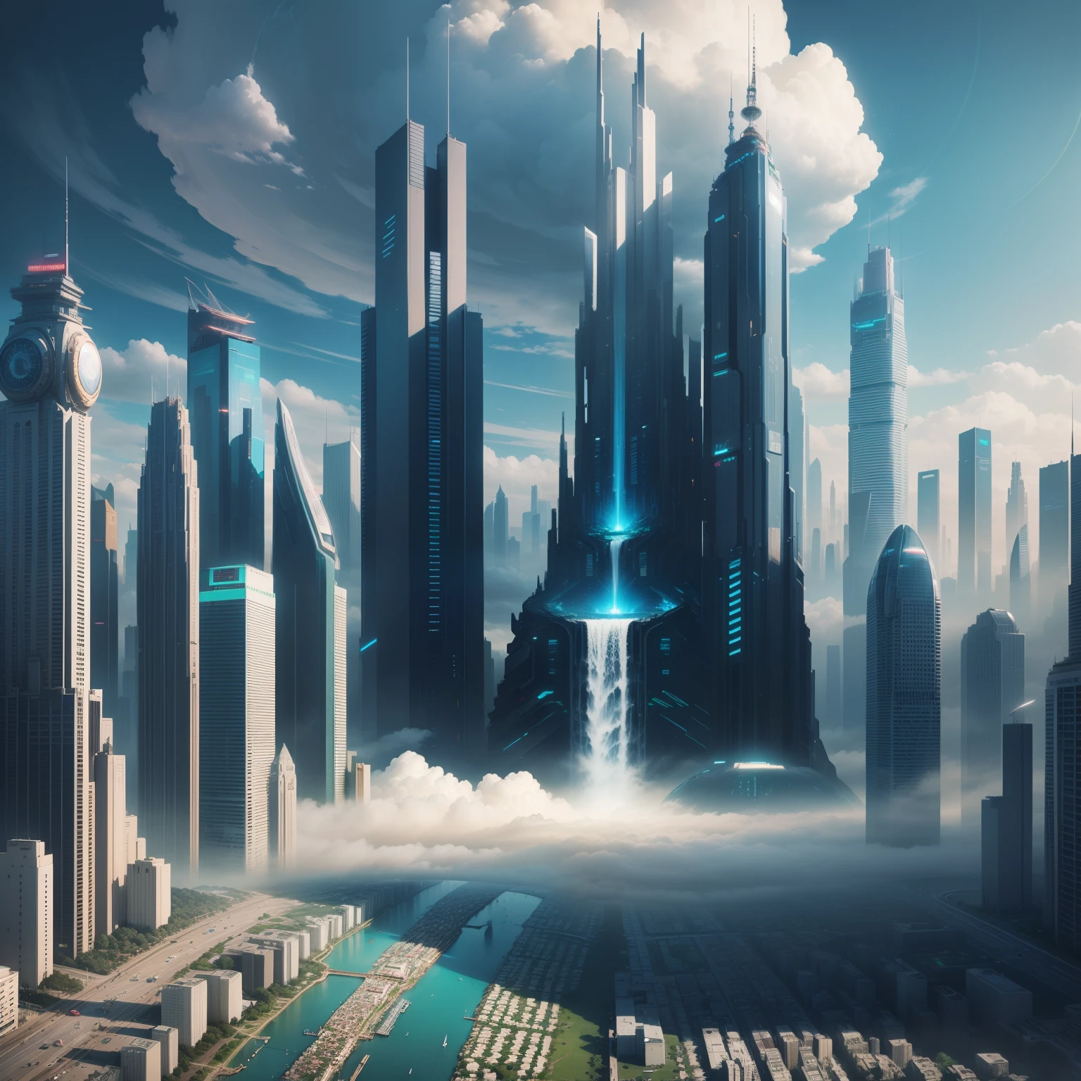 cyberpunked、futuristic cities、planet earth、A cyberpunk with skyscrapers that pierce through the clouds.ＳＦart by、Utopian City、There is a super huge waterfall、Megacities、dream、top-quality、​masterpiece、Beautiful cities of the future