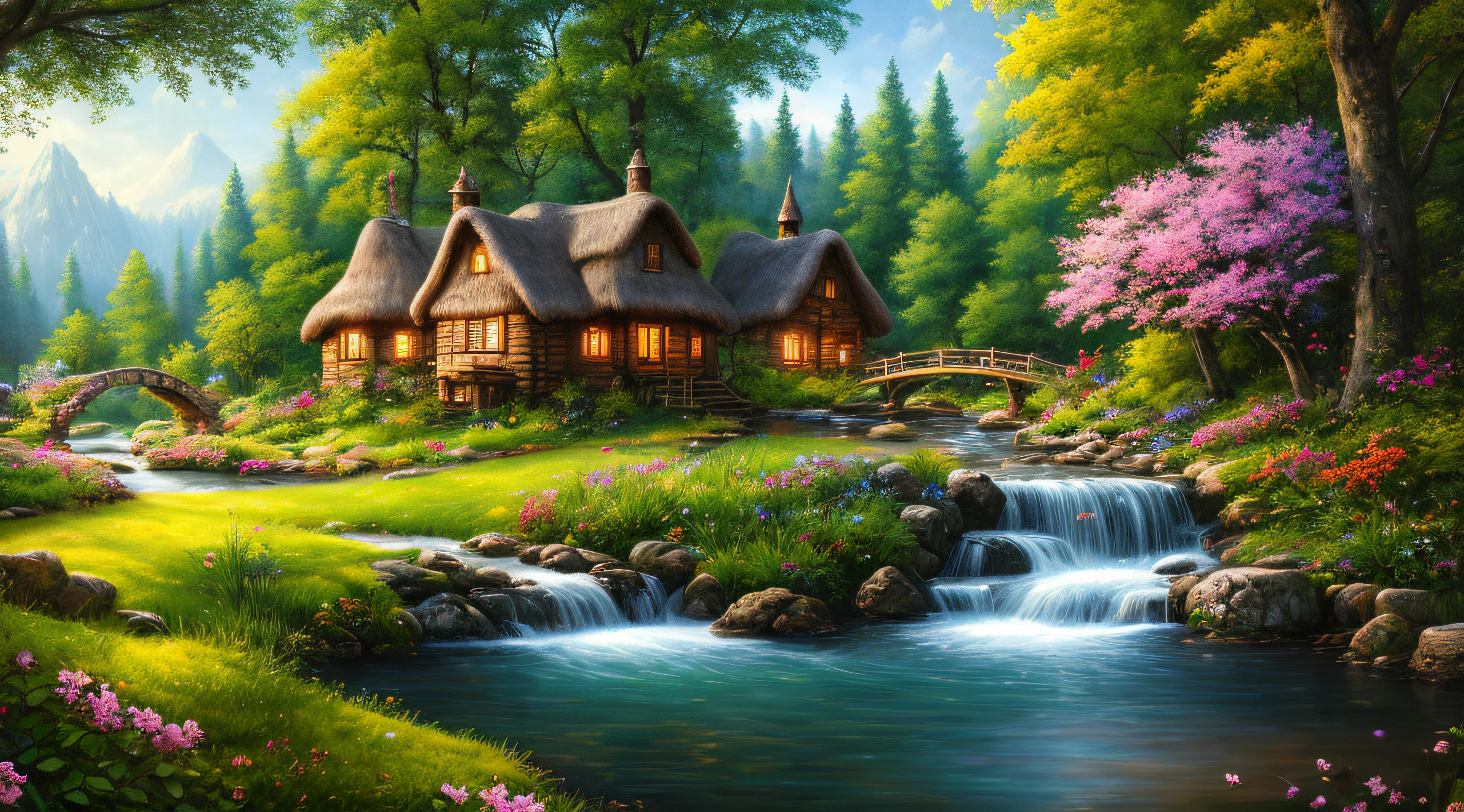 masterpiece, best quality, high quality,extremely detailed CG unity 8k wallpaper, An enchanting and dreamy scene of a fantasy forest, beautiful cottage beside a stream,a stone bridge,with towering trees, glowing flowers, and hidden fairy glens, creating a sense of mystique and enchantment, artstation, digital illustration, intricate, trending, pastel colors, oil paiting, award winning photography, Bokeh, Depth of Field, HDR, bloom, Chromatic Aberration ,Photorealistic,extremely detailed, trending on artstation, trending on CGsociety, Intricate, High Detail, dramatic, art by midjourney