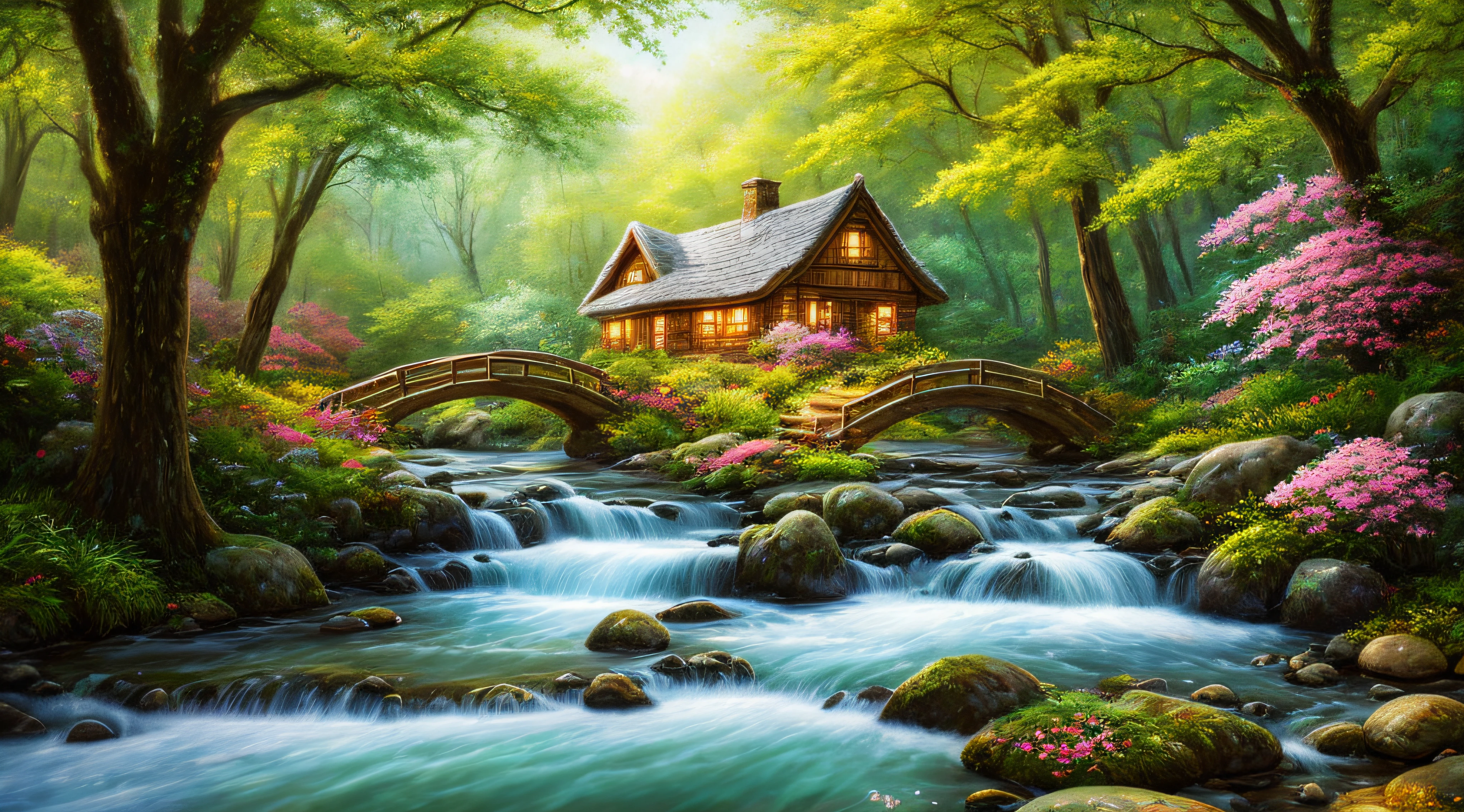masterpiece, best quality, high quality,extremely detailed CG unity 8k wallpaper, An enchanting and dreamy scene of a fantasy forest, beautiful cottage beside a stream,a stone bridge,with towering trees, glowing flowers, and hidden fairy glens, creating a sense of mystique and enchantment, artstation, digital illustration, intricate, trending, pastel colors, oil paiting, award winning photography, Bokeh, Depth of Field, HDR, bloom, Chromatic Aberration ,Photorealistic,extremely detailed, trending on artstation, trending on CGsociety, Intricate, High Detail, dramatic, art by midjourney
