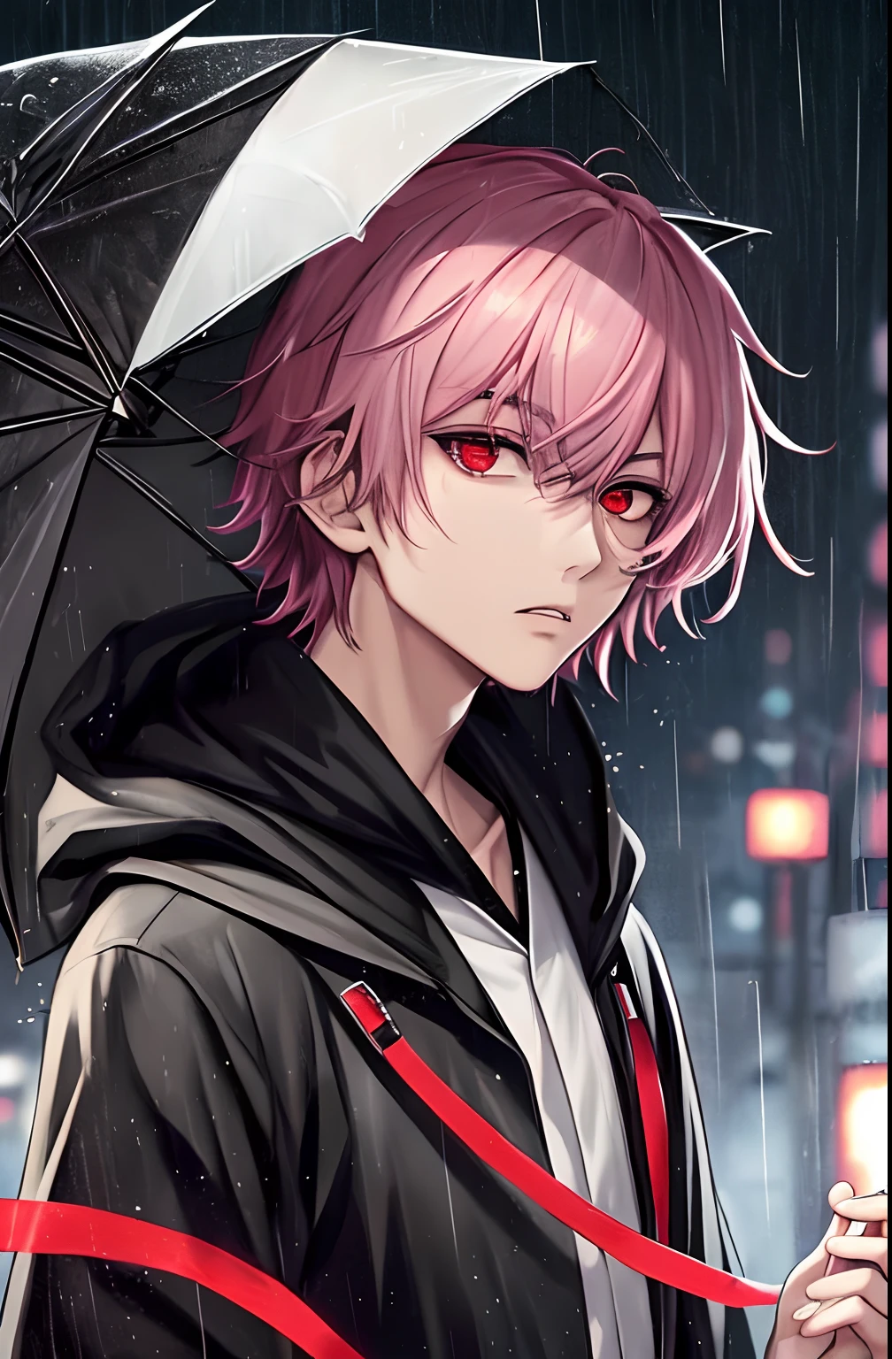 kk, best quality, more details, mastery, 1boy, kaneki ken, portrait, male focus, red eyes, solo, bangs, looking at viewer, hood, short hair, rain, tokyo tokyo \(city\), hijabi sluty，Nail polishing，whaite hair，Luxury，8k，the detail，Ray traching，depth of fields，电影灯光，