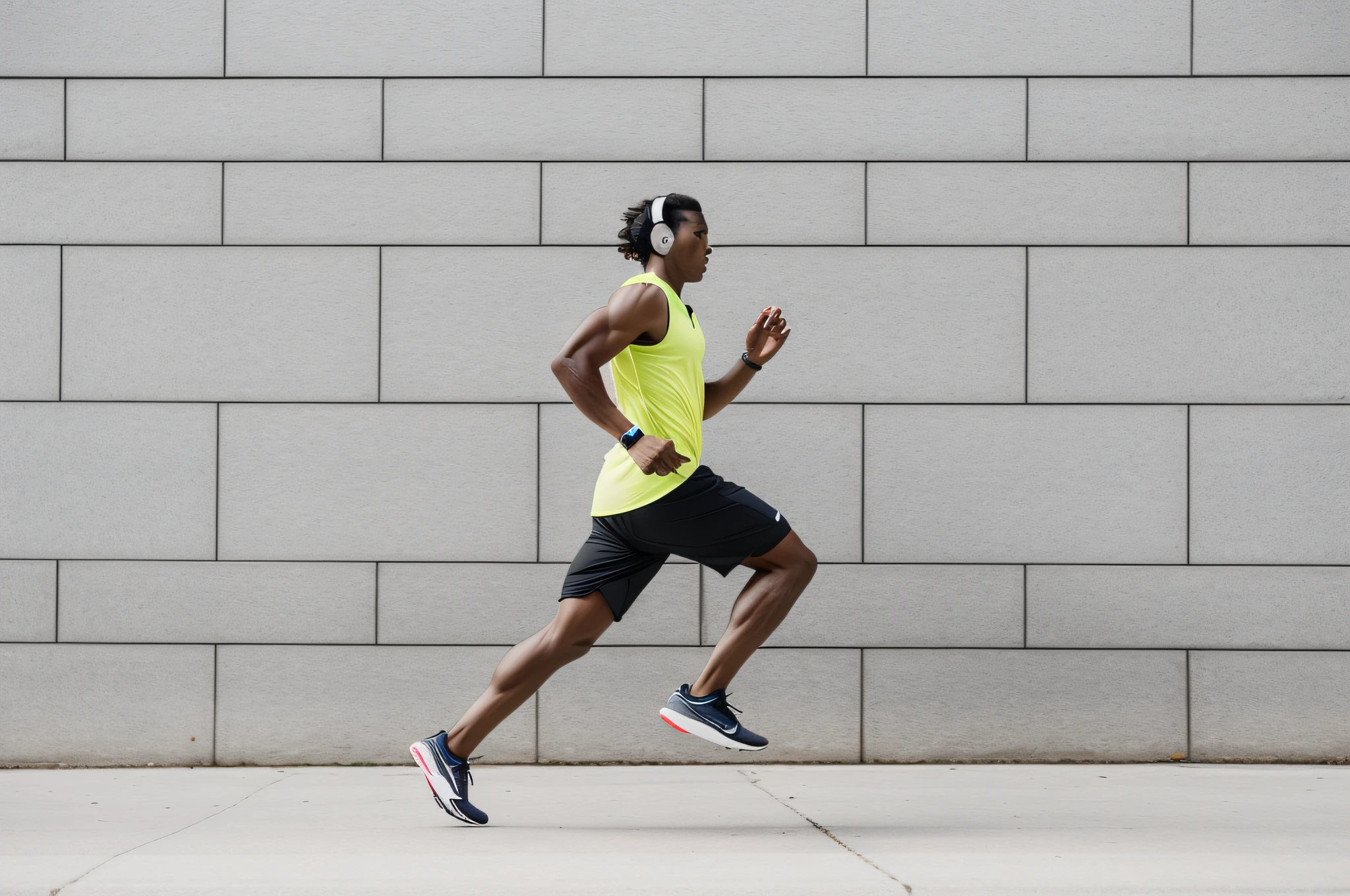 There was a man wearing headphones running on the sidewalk, dynamic active running pose, running pose, running sequence, sprinting, Athletes in their 30s, Correr libremente, athlete photography, people running, athletic muscle tone, running fast towards the camera, , 5k, advanced technique, young man with short