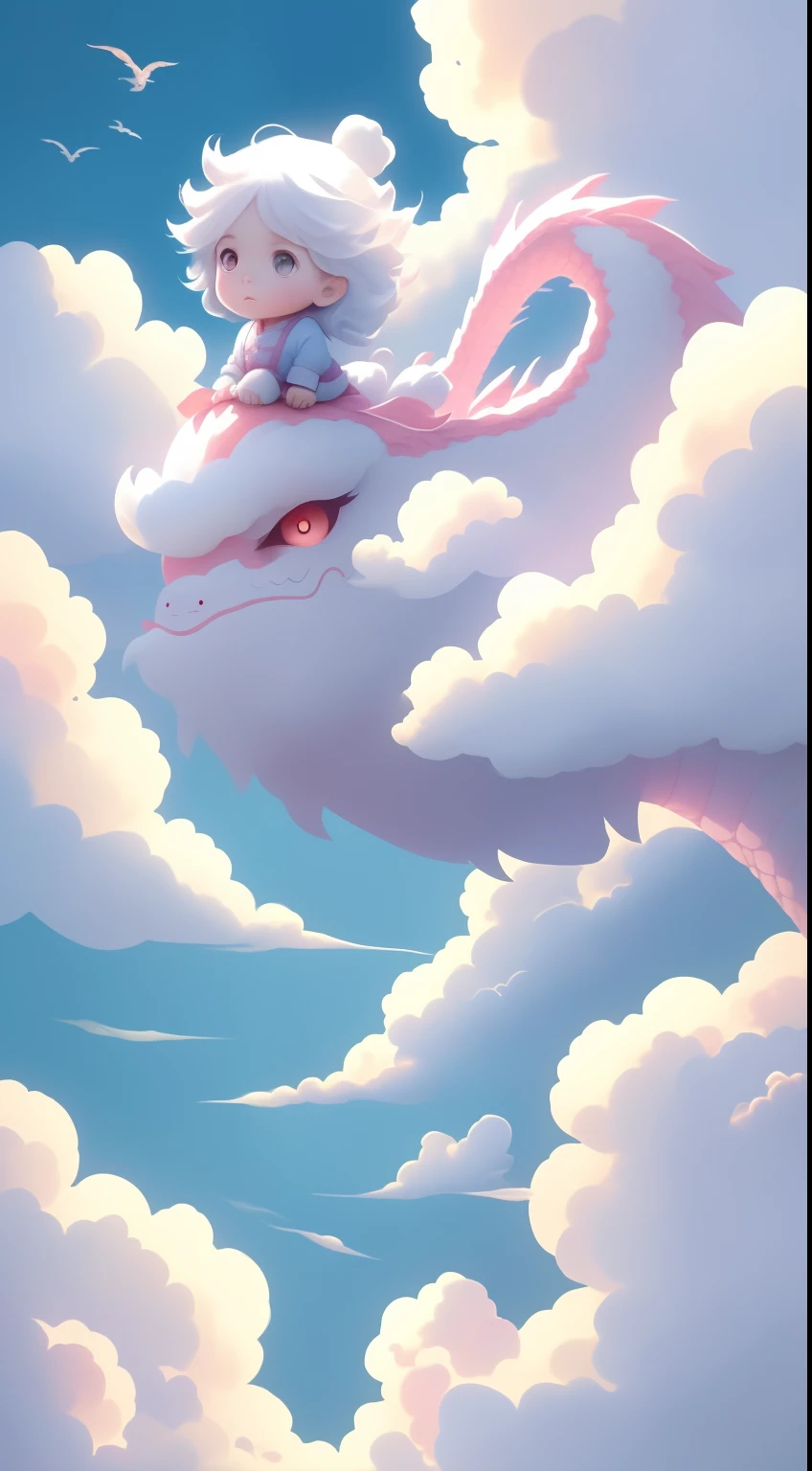A in the clouds,A nimi dragon in her hand,beautifull puffy clouds,anime big breast,on cloud,white color hair,White cloud skirt