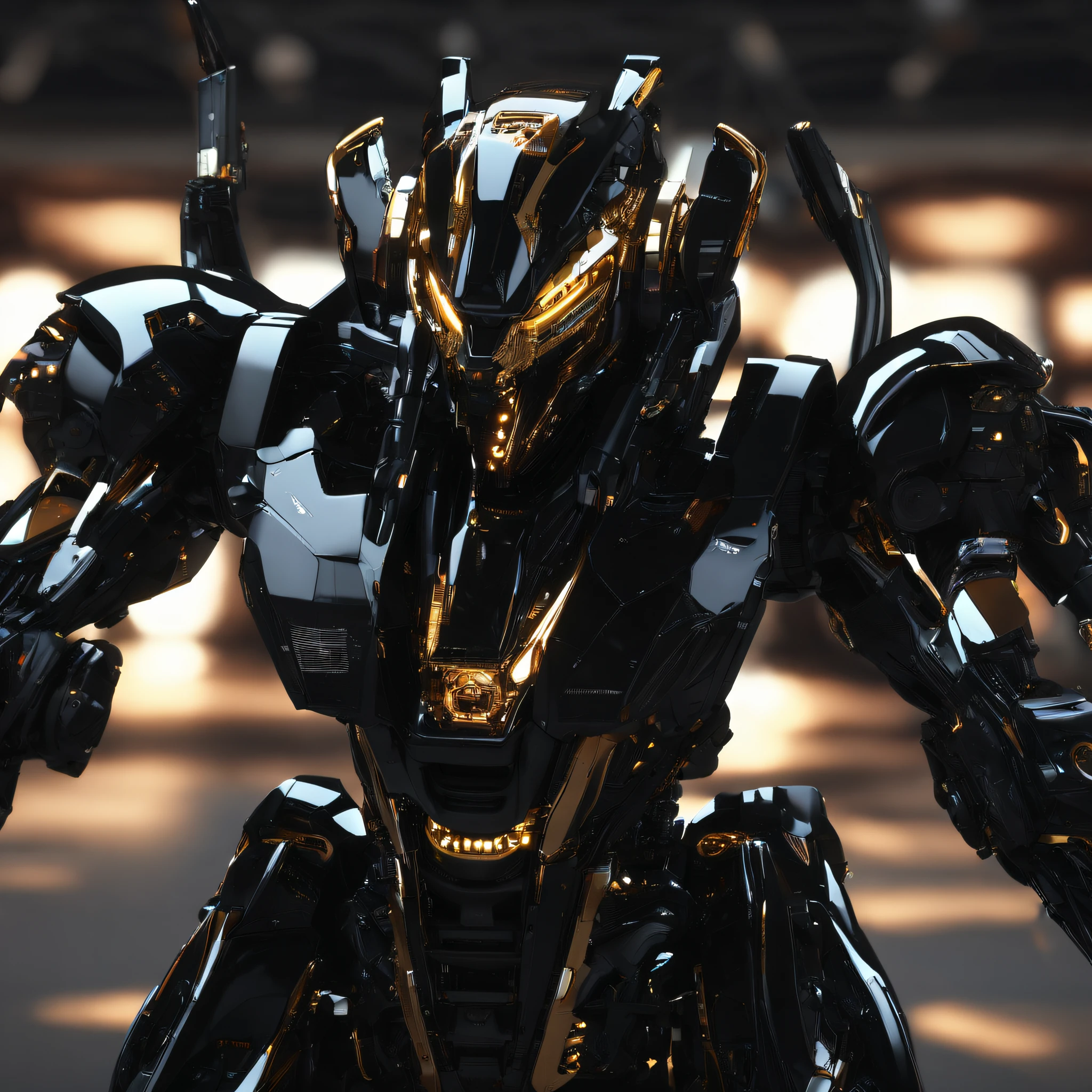 An alien,Solo,full bodyesbian,Humanoid,mechs,(Wearing inky black clothes/Mecha with golden zirconia ceramic surface:1.5),(((Hard surface properties))),(((Angular))),It has refined features in a sci-fi environment,with light glowing, Sparks and lights, best qualtiy,tmasterpiece,Photorealsitic, Highly detailed, iintricate,unreal 5 render,