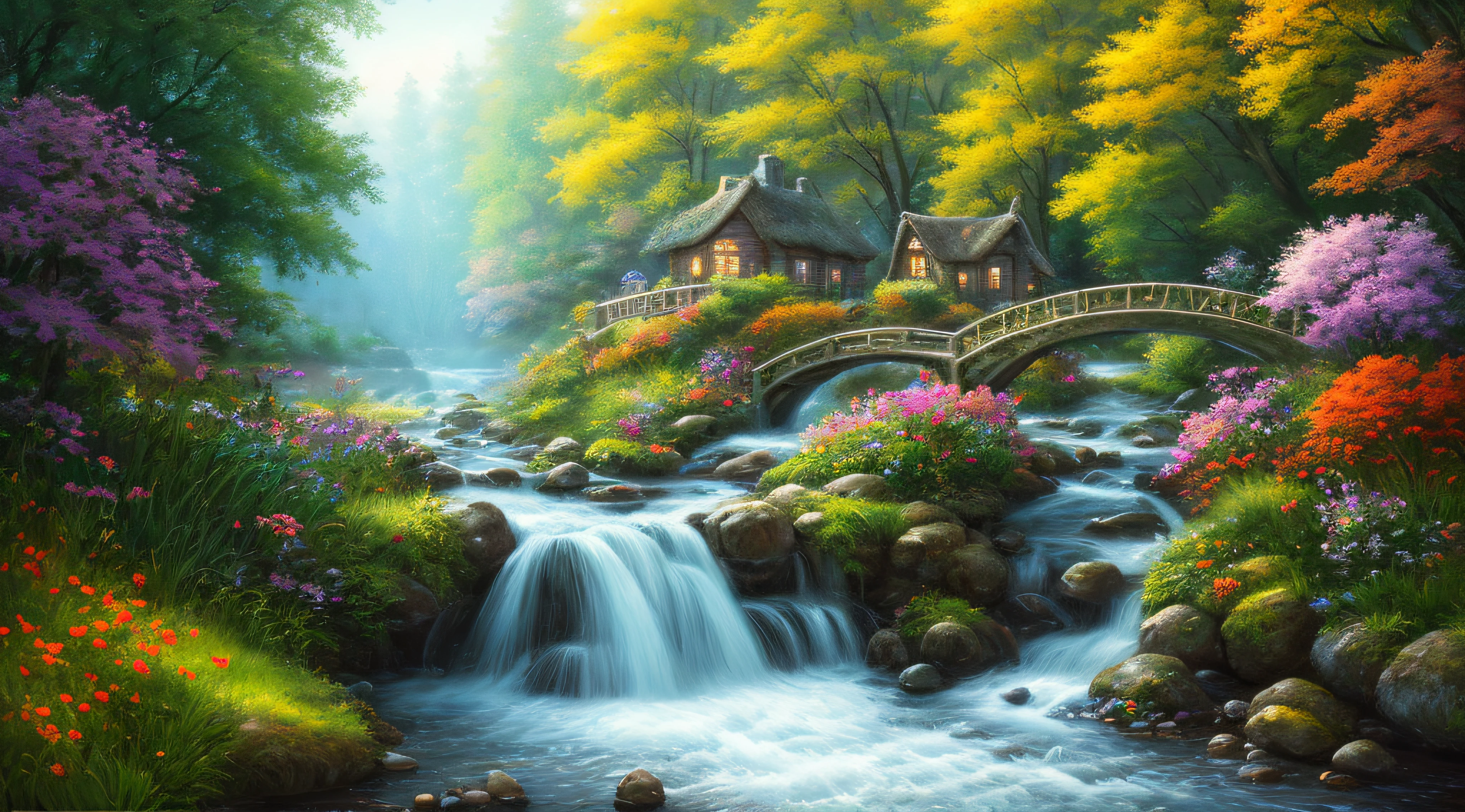 masterpiece, best quality, high quality,extremely detailed CG unity 8k wallpaper, An enchanting and dreamy scene of a fantasy forest, beautiful cottage beside a stream,a stone bridge,with towering trees, glowing flowers, and hidden fairy glens, creating a sense of mystique and enchantment, artstation, digital illustration, intricate, trending, pastel colors, oil paiting, award winning photography, Bokeh, Depth of Field, HDR, bloom, Chromatic Aberration ,Photorealistic,extremely detailed, trending on artstation, trending on CGsociety, Intricate, High Detail, dramatic, art by midjourney