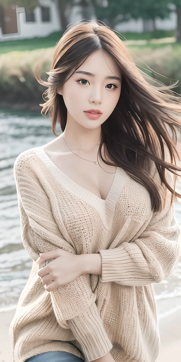 1girl walking on the river, mix4, sweater, pillow, lips, open_mouth, realistic, photo_\(medium\), solo, stuffed_animal, stuffed_toy, teddy_bear,(masterpiece),(photorealistic:1.3), ultra-detailed, (high detailed skin:1.2),(best quality:1.0), (ultra highres:1.0), (ulzzang-6500:0.3), wavy detailed hair, long hair, sunshine, (beautiful detailed makeup), (sexually aroused blushing heavy breathing:1.0), floral theme flower petals scattered, (soft glow bloom:0.5)