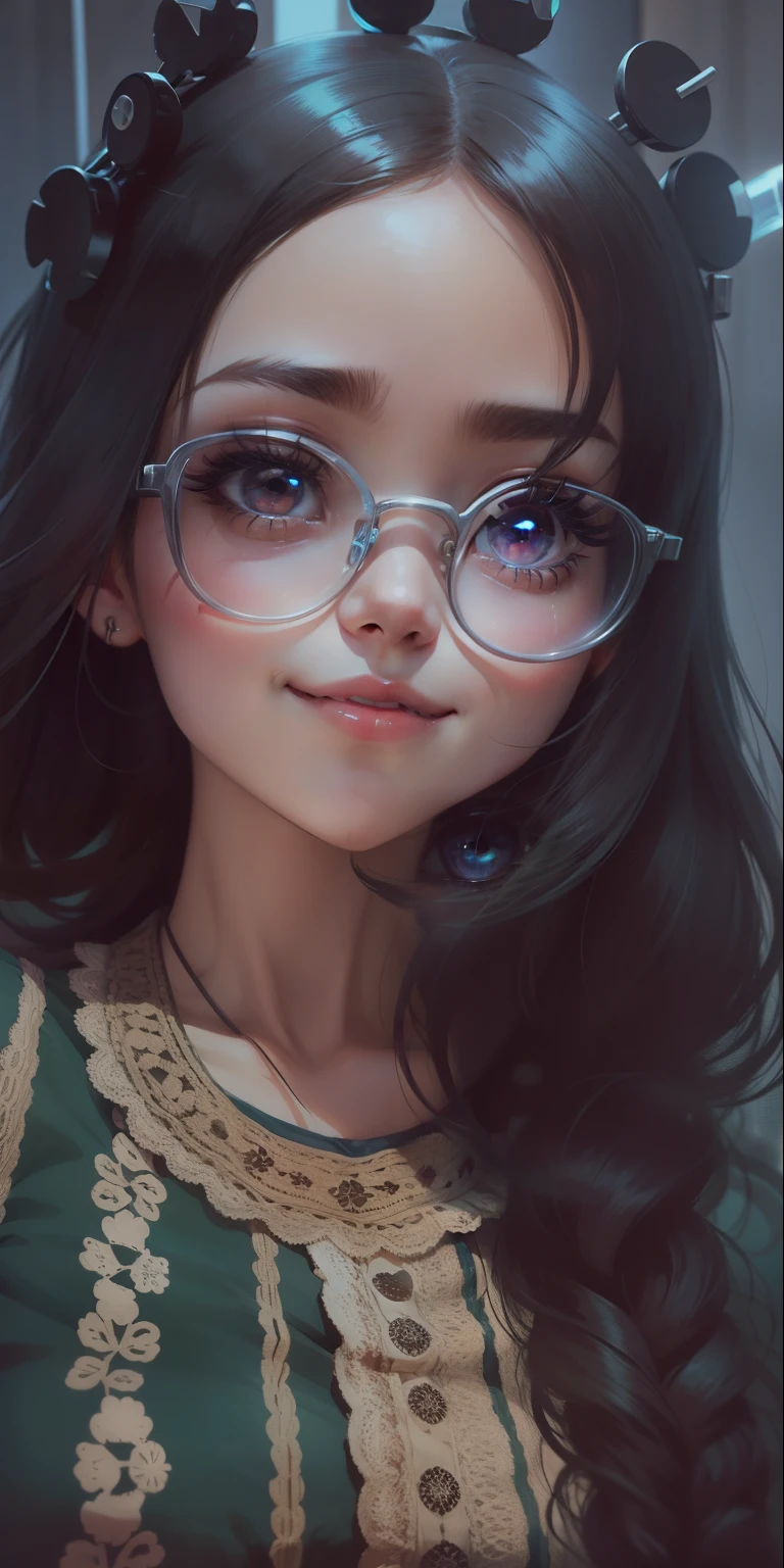 Cute anime girl with glass on her eyes, smiley face,