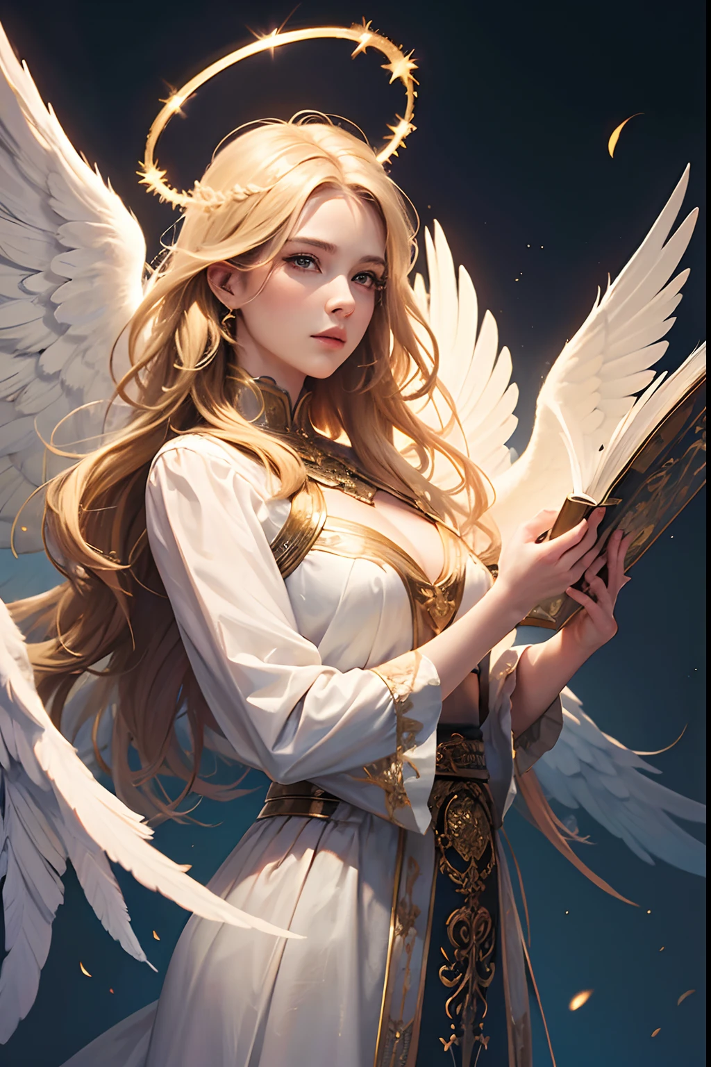 ((masterpiece, best quality;1.3)), ultra detailed, 8k unity wallpapers, CG, illustration, colorful, cinematic shadow, extremely detailed and beautiful background,vhd, shadering VRay,RTX,(realistic:1.5),1girl, solo, blonde hair, angel halo, white glowing skin, highly detailed beautiful face, beautiful face, angelic, golden colored detailed angel costume, glowing, glowing light, angel woman holding big book, looking at the sky, wings angel, feathers