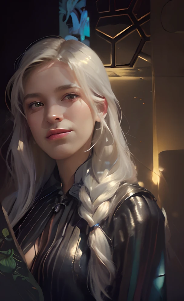 (front focus), (in the dark:1.6), Hyperrealist portrait of female by david hockney and alphonse mucha, fantasy art, photo realistic, dynamic lighting, artstation, poster, volumetric lighting, very detailed faces, 4 k, award winning, 1girl, in the dark, deep shadow, low key, cowboy shot, (official clothing:1.4), long hair, white hair