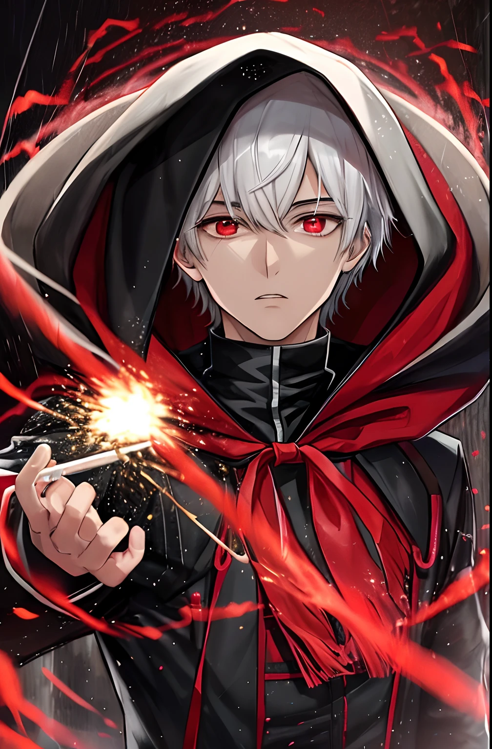 kk, Best quality, More details, Mastery, 1boys, kaneki ken, Portrait, Male focus, Red eyes, Solo, bangs, view the viewer, Hood, Short hair, rain, tokyo tokyo \(City\), hijabi sluty,Nail polishing,whaite hair,luxury goods,8K,the detail,Ray traching,depth of fields,电影灯光,