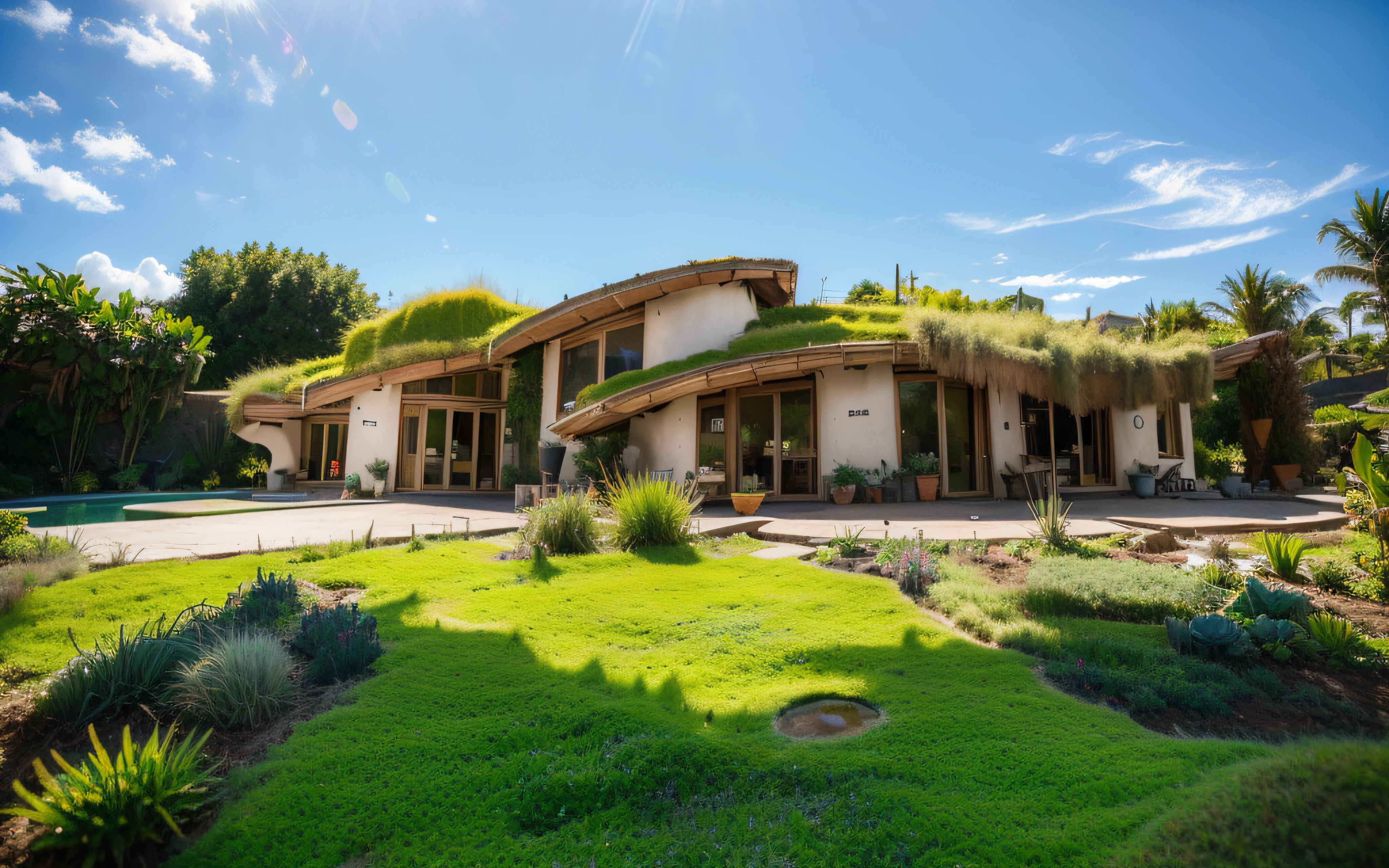 A imposing angular rounded corners contemporary modern hobbit house with a (((greenroof))) and organic curved walls in tropical garden, plaster (((rustic mud stucco santa fe style))) and a (((wave shape greenroof with a wood edge))), (((wood and rake fascia roof))), eaves, porch, ((timber frame roof)), in the bali (((tropical backyard))), ((rounded corners walls)), ((rustic mud plaster)), (((curved organic rounded corners walls))), (((rustic earth plaster, mud clay stucco))), natural houses, bali style, Organic Buildings, Organic Architecture, Earthworks, Ecovillage, Sustainable Architecture, Biobuilding, Solarpunk Architecture, (((Grass Roof, Green Roof, Green Wave Roof, Rounded Roof, vegetated roofs))), green architecture, Passive house, Rock Foundation, clean sky in background, Interdimensional Villa, a painful beauty, organic architecture, green house, Super Resolution, cinematic, color grading, editorial photography, photography, Photo Shoot, ((((front eye top angle view)))) dramatic, Spring 50mm, Depth of Field, Intricate Details, Natural Colors, Sharp Focus, Warm Light, Shutter Speed 1/1000, F/22, White Balance, Ray Trace Reflections, Lumen Reflections, Screen Space Reflections, Diffraction Classification, Chromatic Aberration, GB Offset, Partial Illumination, Backlight, Natural Illumination, Sweep Lines, Ambient Occlusion, Anti-Aliasing, Shaders, OpenGL-Shaders, GLSL-Shaders, Post Processing, Post Production, The Shading, Tone Mapping, Insanely detailed and intricate, hypermaximalist, elegant, hyperrealistic, super detailed, dynamic pose, Fujifilm XT3