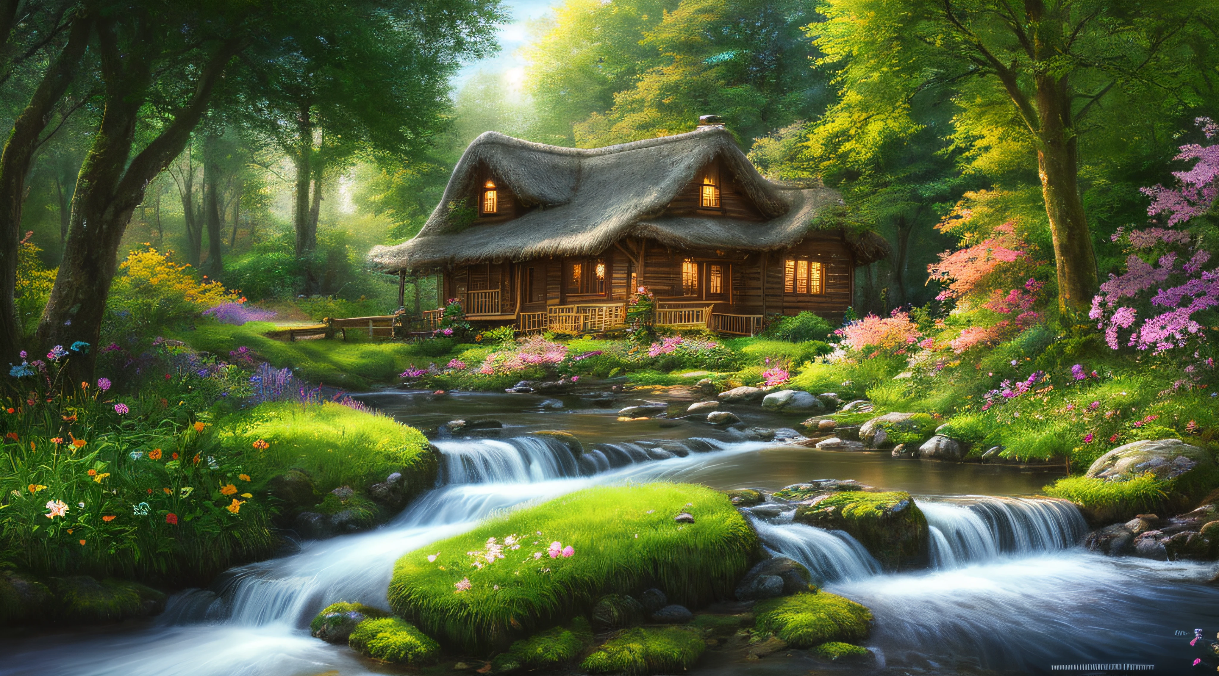 masterpiece, best quality, high quality,extremely detailed CG unity 8k wallpaper, An enchanting and dreamy scene of a fantasy forest, beautiful cottage beside a stream,with towering trees, glowing flowers, and hidden fairy glens, creating a sense of mystique and enchantment, artstation, digital illustration, intricate, trending, pastel colors, oil paiting, award winning photography, Bokeh, Depth of Field, HDR, bloom, Chromatic Aberration ,Photorealistic,extremely detailed, trending on artstation, trending on CGsociety, Intricate, High Detail, dramatic, art by midjourney