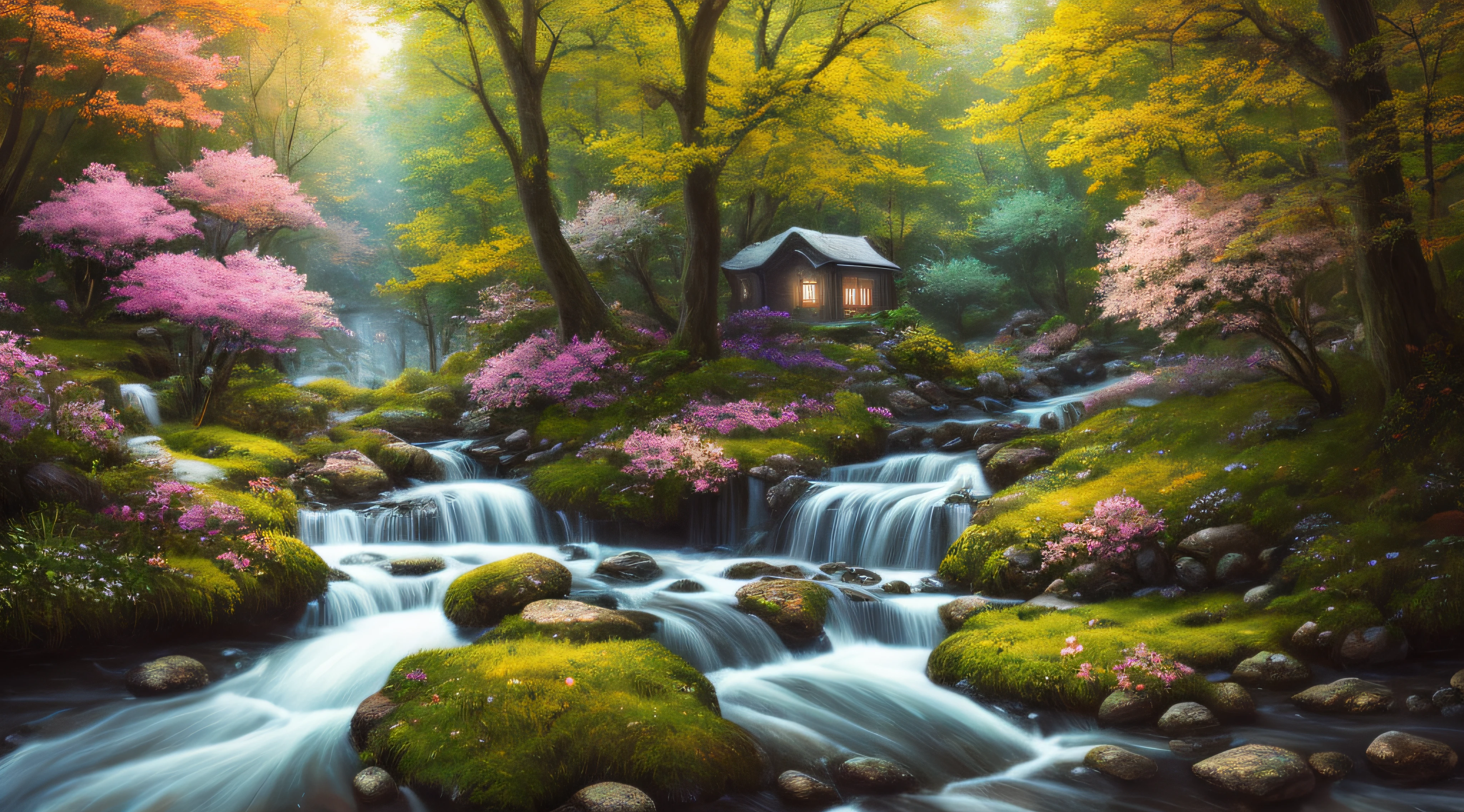 masterpiece, best quality, high quality,extremely detailed CG unity 8k wallpaper, An enchanting and dreamy scene of a fantasy forest, beautiful cottage beside a stream,with towering trees, glowing flowers, and hidden fairy glens, creating a sense of mystique and enchantment, artstation, digital illustration, intricate, trending, pastel colors, oil paiting, award winning photography, Bokeh, Depth of Field, HDR, bloom, Chromatic Aberration ,Photorealistic,extremely detailed, trending on artstation, trending on CGsociety, Intricate, High Detail, dramatic, art by midjourney