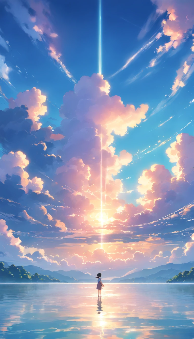 "surrounded by cloud,Beautiful and smooth graphics,Carefully depicted landscape,Light clouds float on the water,It's like a fairyland。Hazy light penetrates the clouds,Reflect stunning light and shadow effects。There is a sea of clouds in the picture,A maiden flying into the clouds,The looming view is mesmerizing。"