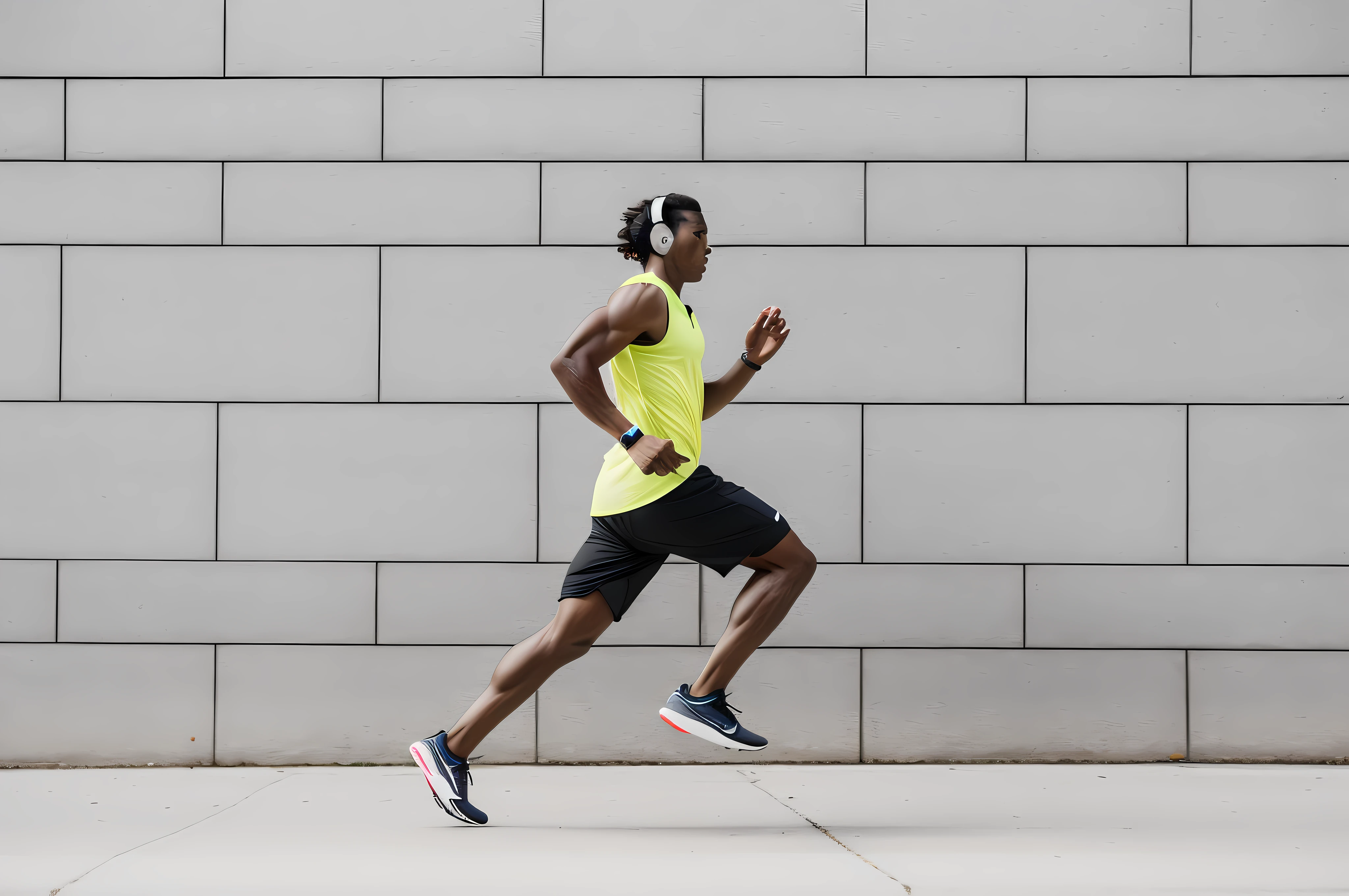 There was a man wearing headphones running on the sidewalk, dynamic active running pose, running pose, running sequence, sprinting, Athletes in their 30s, Correr libremente, athlete photography, people running, athletic muscle tone, running fast towards the camera, , 5k, advanced technique, young man with short