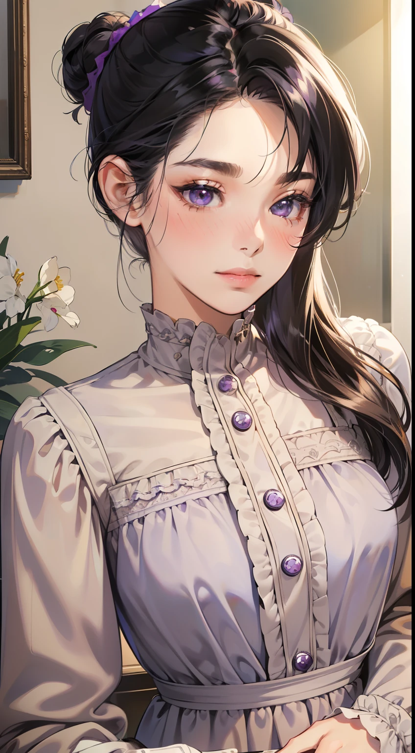 masterpiece, best quality, realistic, mature female, cute, 15 years old, closed mouth, portrait, extremely detailed face, soft smile, (dark purple eyes), ((with single black hair bun), ((front bangs hair)), [thin eyebrows], ((long sleeve casual dress)), no makeup, light smile, ear blush, light blush, short eyelashes, 4k,musuem