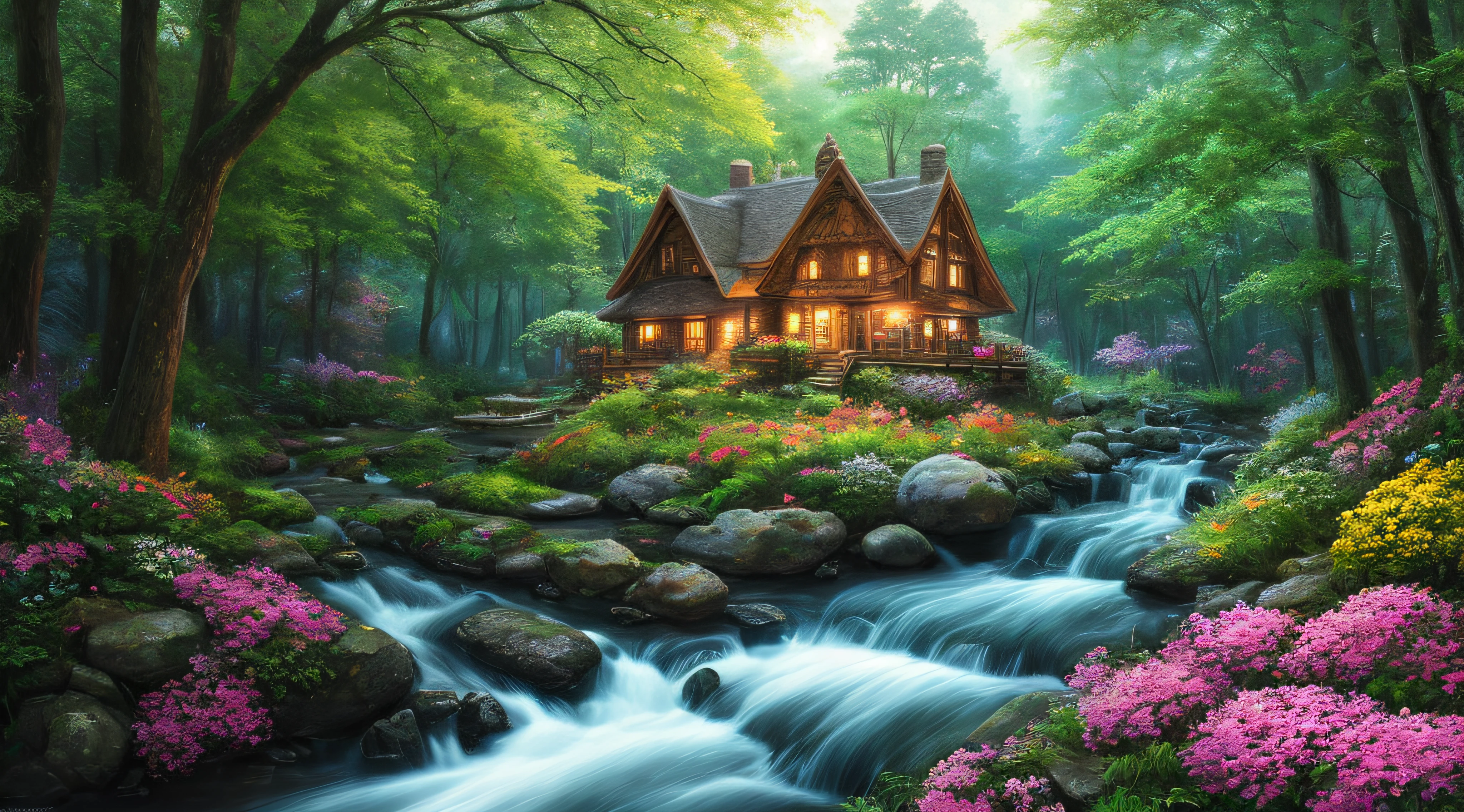 masterpiece, best quality, high quality,extremely detailed CG unity 8k wallpaper, An enchanting and dreamy scene of a fantasy forest, beautiful cottage beside a stream,with towering trees, glowing flowers, and hidden fairy glens, creating a sense of mystique and enchantment, artstation, digital illustration, intricate, trending, pastel colors, oil paiting, award winning photography, Bokeh, Depth of Field, HDR, bloom, Chromatic Aberration ,Photorealistic,extremely detailed, trending on artstation, trending on CGsociety, Intricate, High Detail, dramatic, art by midjourney