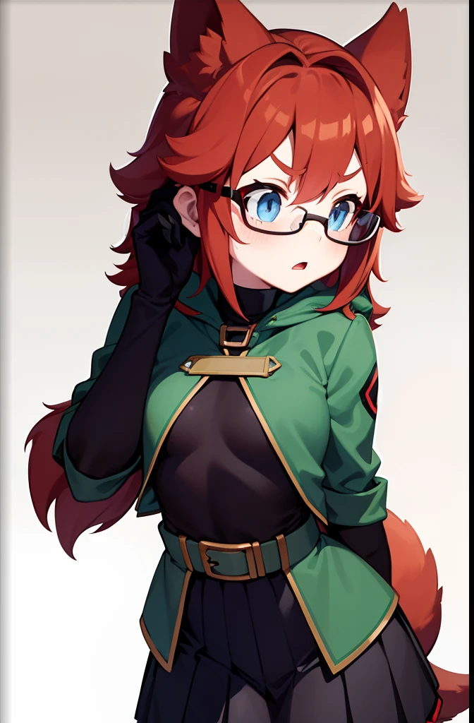 softly toned young adult, small breasts, short scruffy red hair, fox girl, pale blue eyes and black glasses, wearing a dark green coat, red comfy undershirt, long black pleated skirt, black autumn gloves, shocked surprised expression