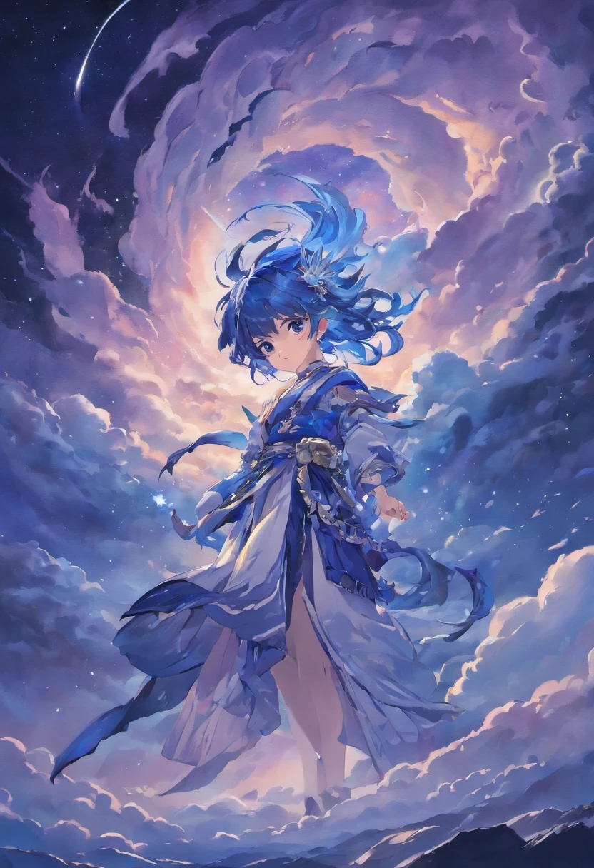 (Indigo Dragon God), (Through the clouds), (Sommet des montagnes), (Complexe), (super detail), (Dark sky background), (Membres robustes), (Nuit de la Lune), (Ultra clair), (beste-Qualit), (UHD, 8K, Ultra high res)