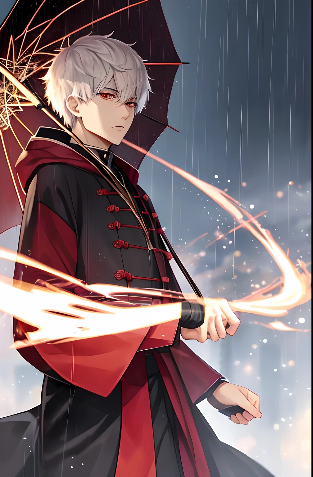 kk, Best quality, More details, Mastery, 1boys, kaneki ken, Portrait, Male focus, Red eyes, Solo, bangs, view the viewer, Hood, Short hair, rain, tokyo tokyo \(City\), hijabi sluty,Nail polishing,whaite hair,luxury goods,8K,the detail,Ray traching,depth of fields,电影灯光,