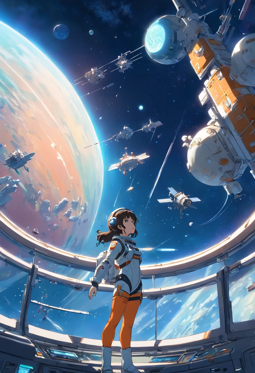 A futuristic space station floating in orbit, with many satellites and space ships flying around station, one girl in space suit and helmet floating in space, girl gazing into the sky