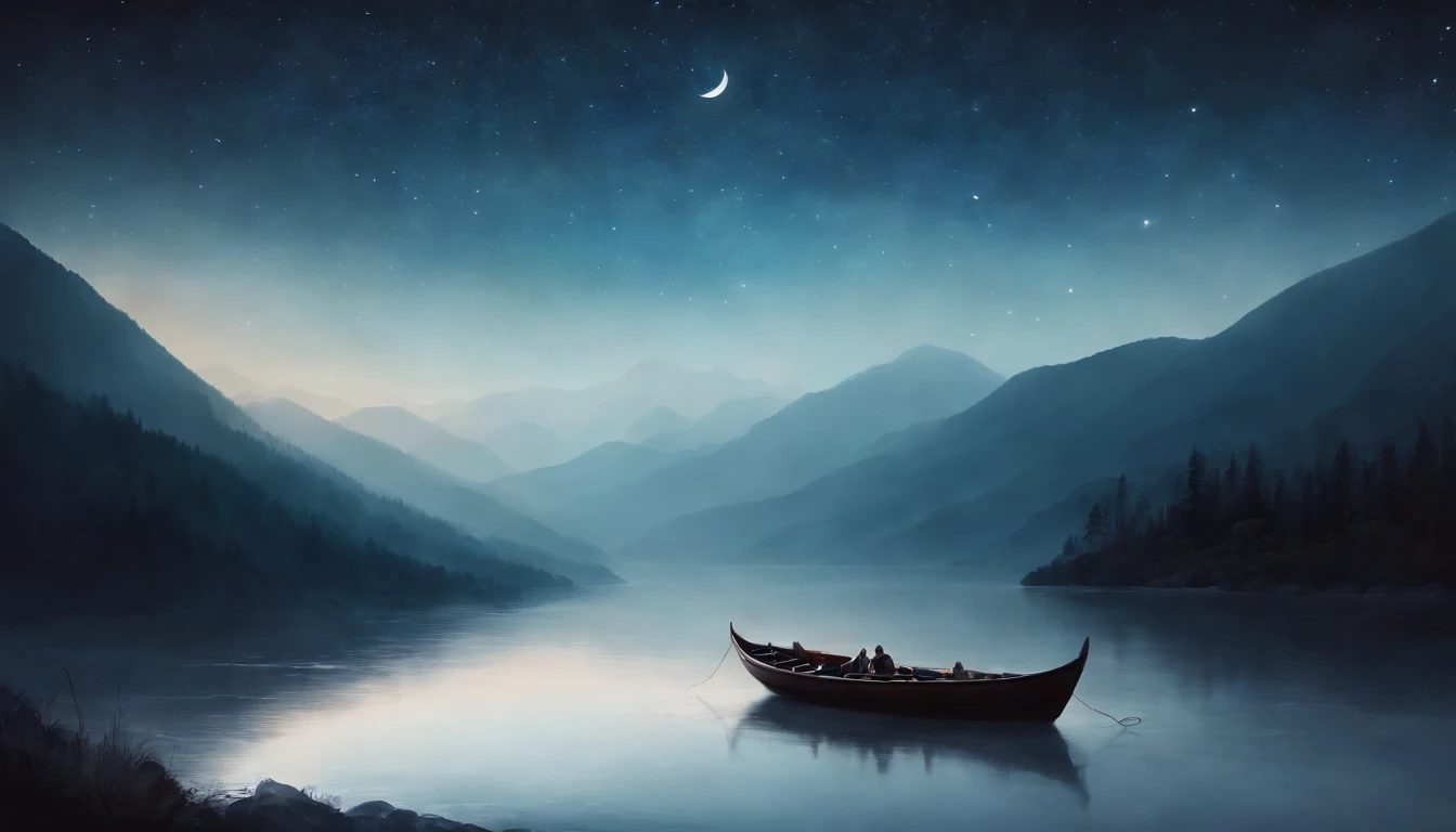 A small boat on a mountain and a river in the night sky Ink painting