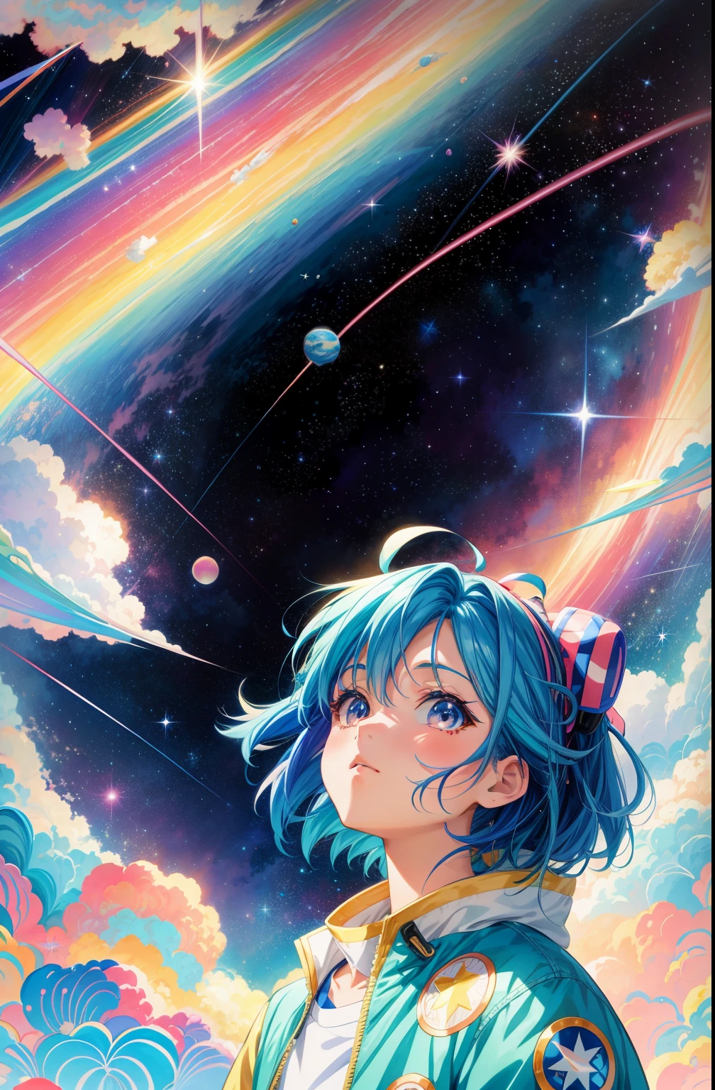 anime girl with blue hair and a colorful jacket looking up at the sky, anime girl with cosmic hair, 4 k manga wallpaper, anime art nouveau cosmic display, anime style 4 k, jen bartel, portrait anime space cadet girl, anime art wallpaper 4 k, anime art wallpaper 8 k, anime art wallpaper 4k, girl in space, official art, cosmic girl