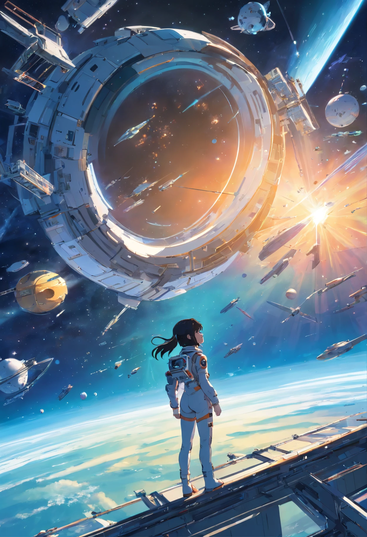 A futuristic space station floating in orbit, with many satellites and space ships flying around station, one girl in space suit and helmet floating in space, girl gazing into the sky