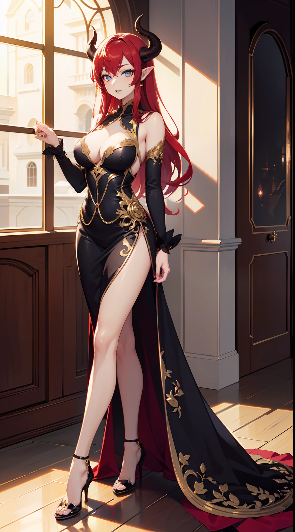 (anime style),(detailed body),(1 adult woman,beautiful detailed eyes,beautiful detailed lips),(red hair,blue eyes),(demon,succubus,horns,tail),(detailed dress with gold,detailed skirt with gold),(high heels),(vivid colors),(full body),(best detailed body),(best detailed eyes)