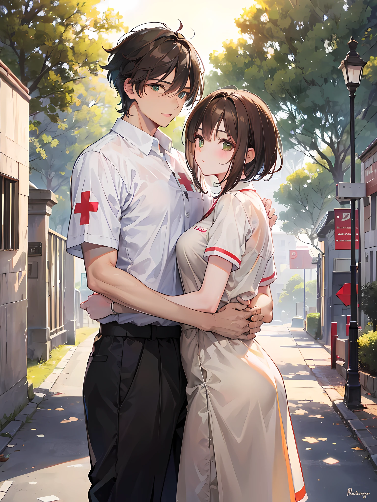 two characters, a cute couple on a beautiful park, sunset. A handsome man with brown hair, brown eyes, light brown skin, Mexican, a paramedic. A beautiful woman , short black hair, light brown skin, Mexican, nurse, green eyes , wearing hospital gown, embracing the man, red cross, high res, ultrasharp, 8k, masterpiece
