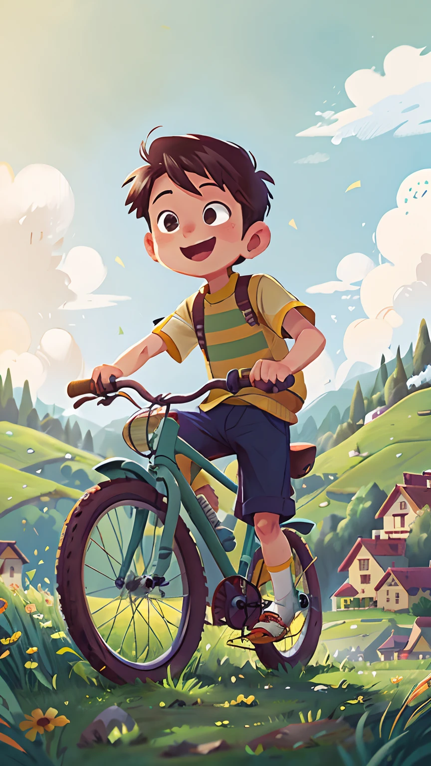 Boy Riding a Bicycle, Hillside, grass field, Happy, Happy, Perfect quality, Clear focus, (masutepiece: 1.2), (Realistic: 1.2), (Bokeh), (Best Quality), (Detailed skin: 1.3), (intricate-detail), (Detail Eyes), (Sharp Focus), (Happy)