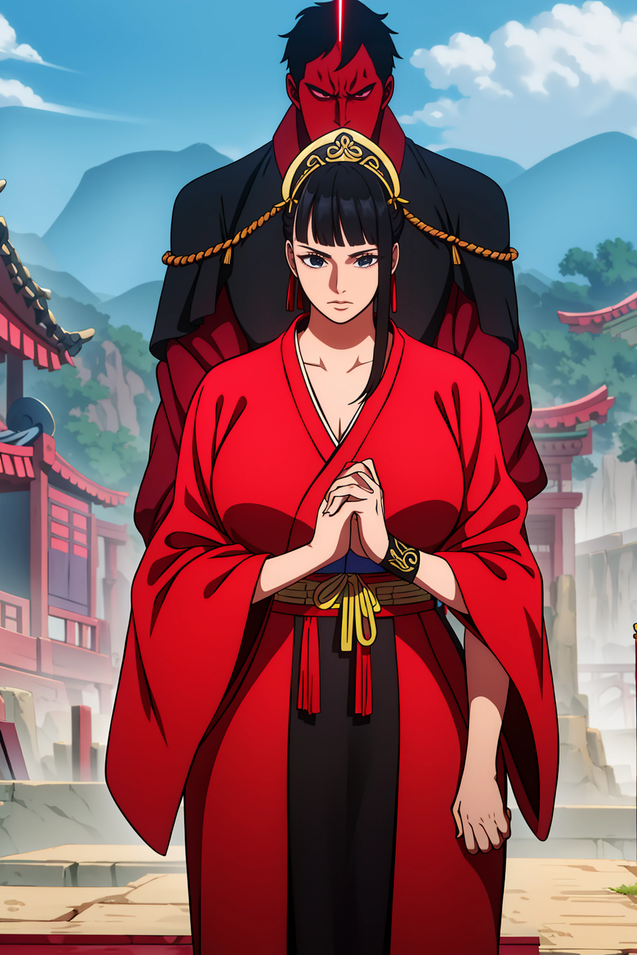 A young man with a cold expression on his face and a beautiful girl with an extremely proportioned figure, dressed in Chinese black ancient clothing, both holding daggers and covered in blood, holding hands and standing on top of the ruins