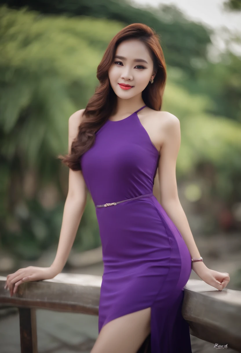 araffe woman in a purple dress, thai girl, cute elegant pose, dang my linh, purple dress, purple outfit, ao dai, in style of lam manh, ruan cute vtuber, young and cute girl, sakimichan, lovely woman, vietnamese woman, mai anh tran, a cute young woman, spread legs, panties line, camel toe