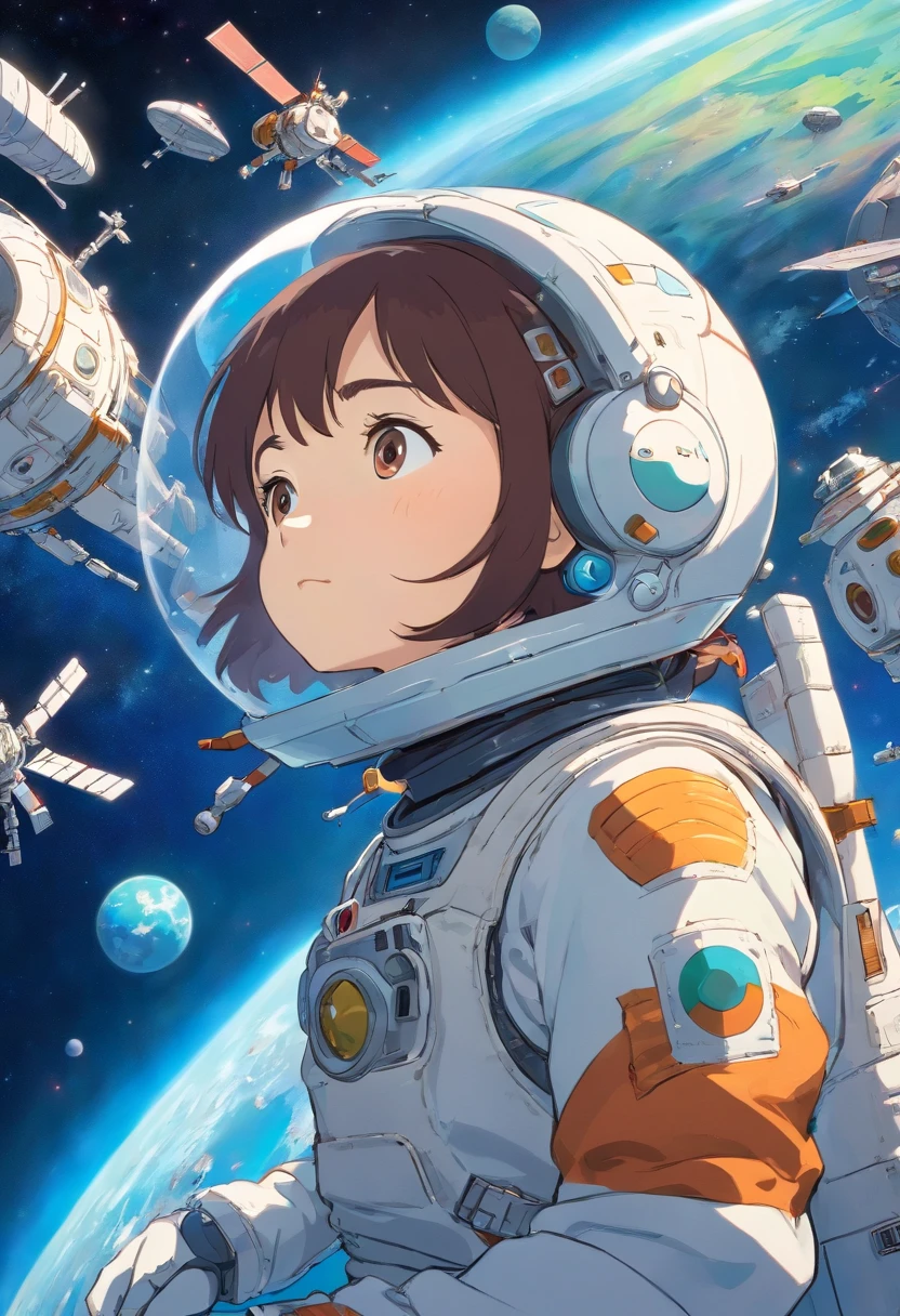 A futuristic space station floating in orbit, with many satellites and space ships flying around station, one girl in space suit and helmet floating in space, girl gazing into the sky