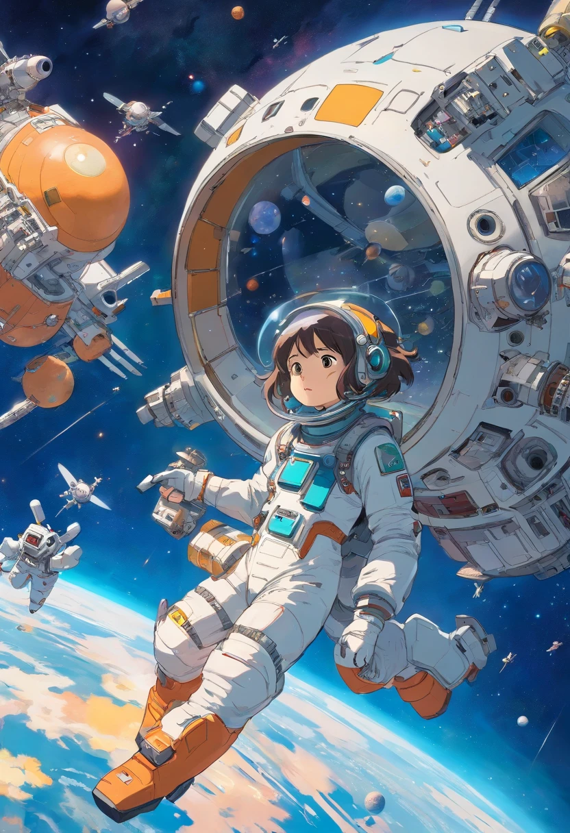 A futuristic space station floating in orbit, with many satellites and space ships flying around station, one girl in space suit and helmet floating in space, girl gazing into the sky