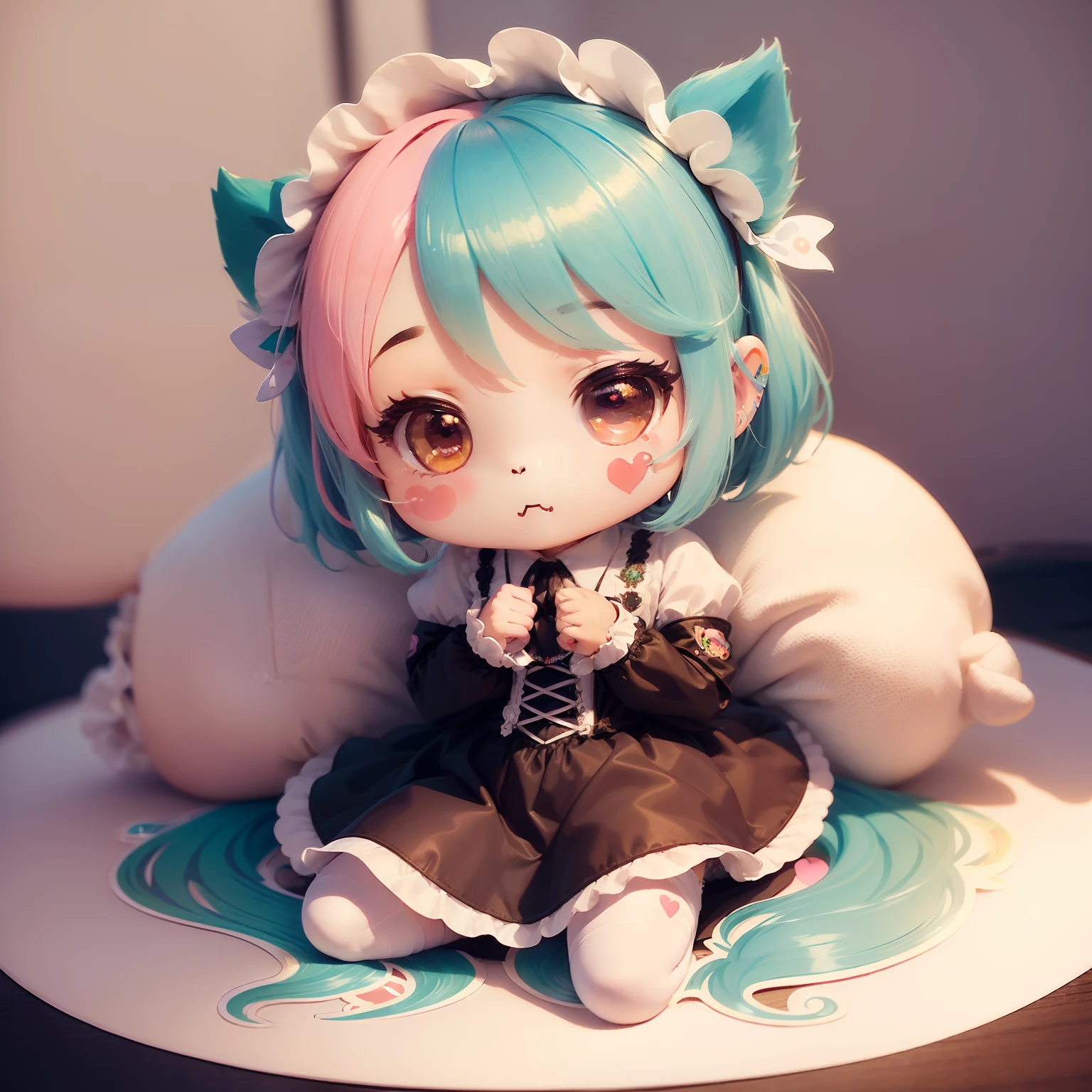 (a sticker:1.5)((Chibi Chara))、white backgrounid、Fluffy、girl with、ta costume、Chibi Chara、full bodyesbian、Pastel colors hair、Fairy tale、Fantastical、rainbows、tshirt design、Masterpiece、top-quality、16k Hatsune Miku