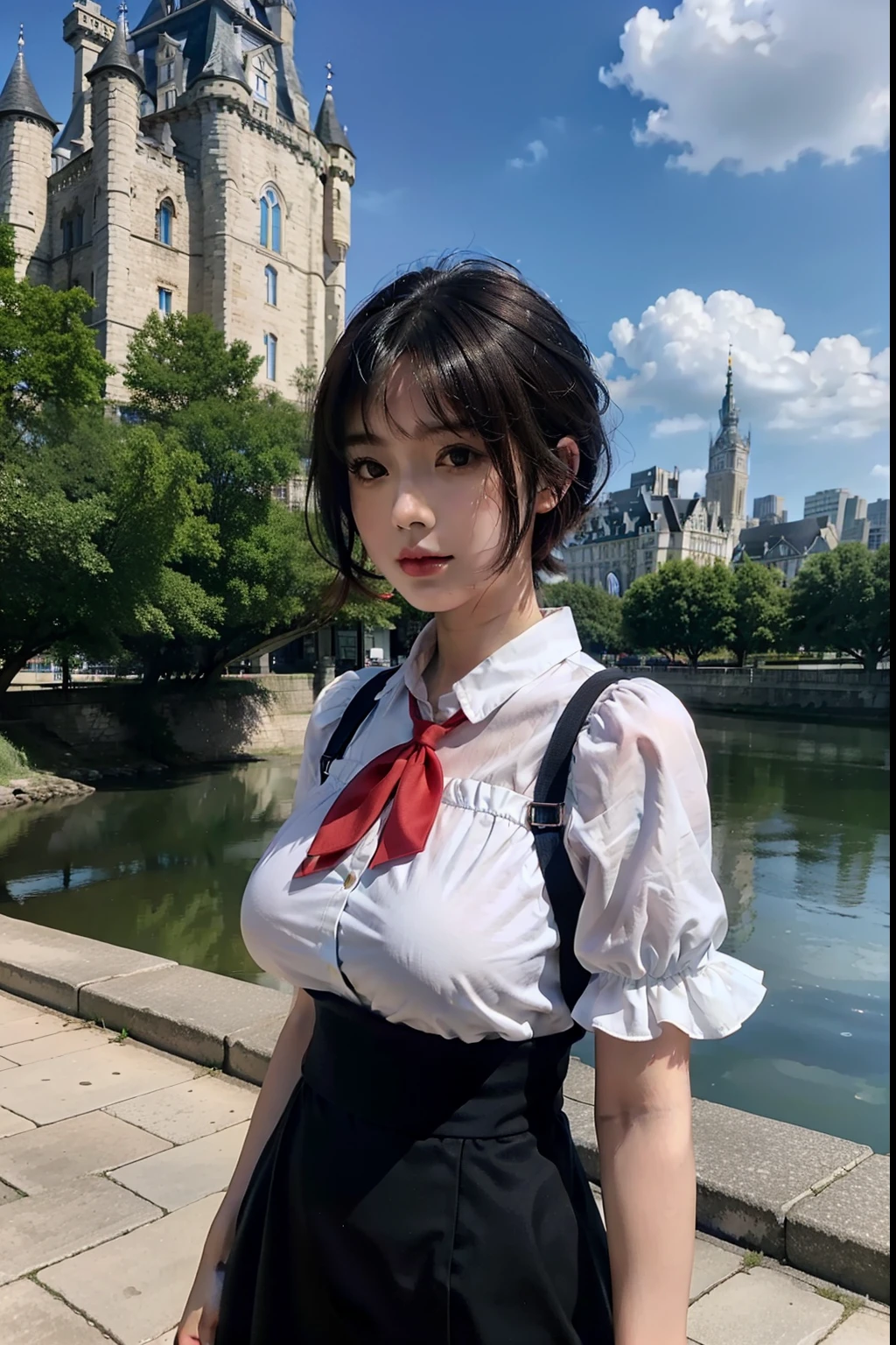 1girll,bangs,black_Hair,Blue_sky,bridge,Building,Castle,City,Cityscape,Cloud,day,dress,Looking_at_peeping at the viewer,Outdoors,Red_neckwear,Red_ribbon,ribbon,River,short_Hair,short_Sleeves,sky,skyscraper,Solo,standing,Town,water,(Masterpiece,anime big breast,newest,New,Exceptional:1.2),bare lower body, big breasts
