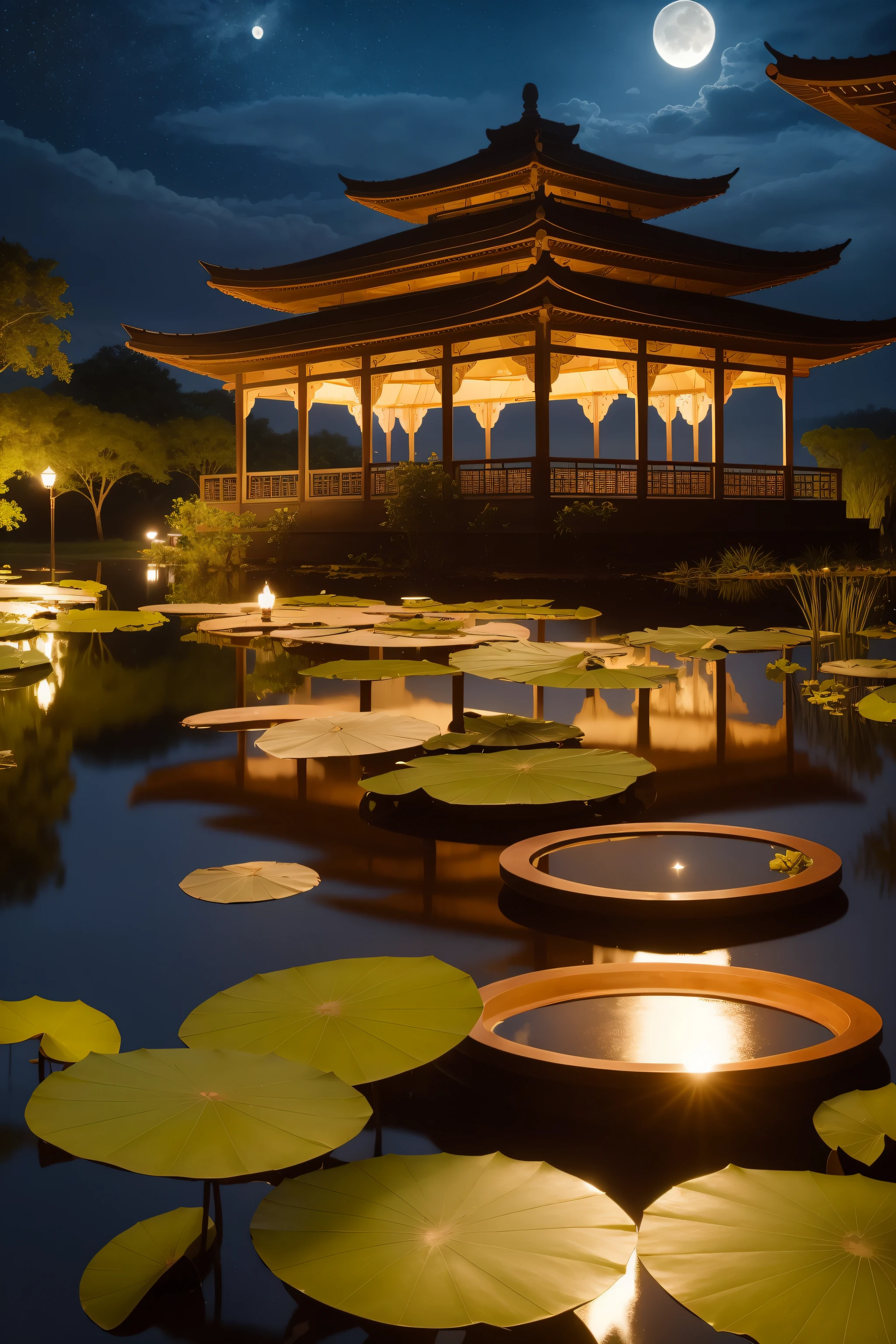 Lotus pond moonlight,Pavilions,dark stormy clouds,A bright moon,Rich in detail,naturey,Skysky,iintricate,Beautiful artistic conception,Award-winning photography,depth of fields,HDR,16k wallpaper,Best quality at best,tmasterpiece