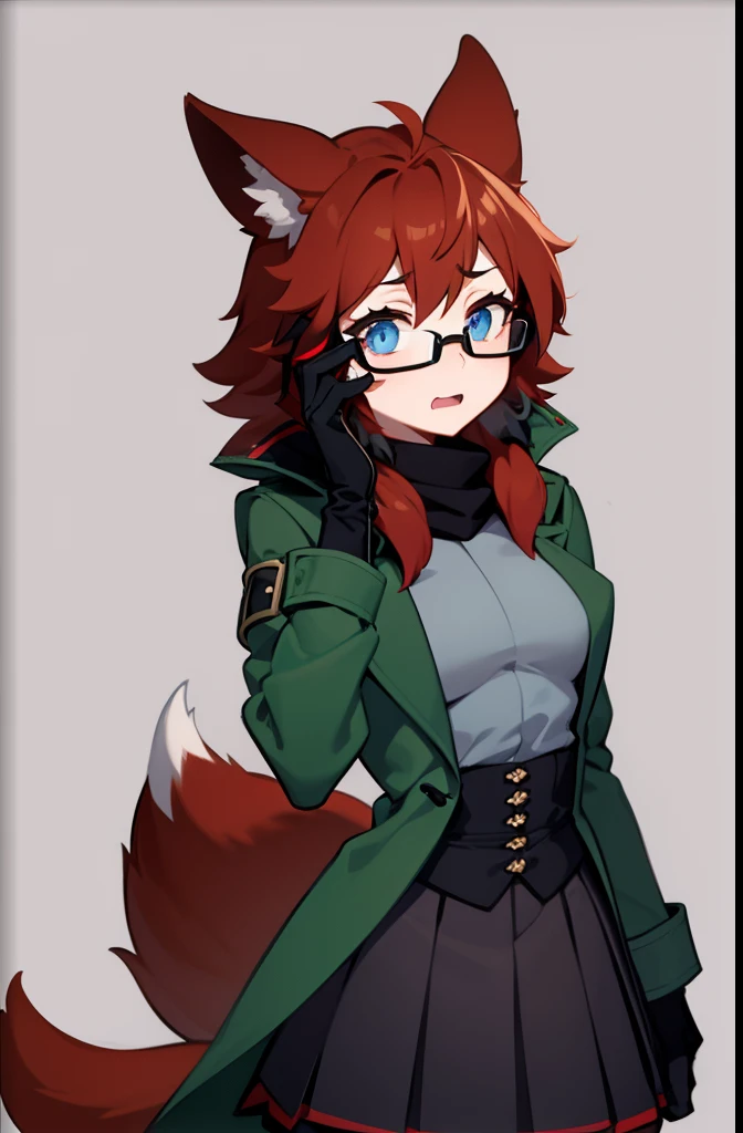 softly toned young adult, small breasts, short scruffy red hair, fox girl, pale blue eyes and black glasses, wearing a dark green coat, red comfy undershirt, long black pleated skirt, black autumn gloves, shocked surprised expression