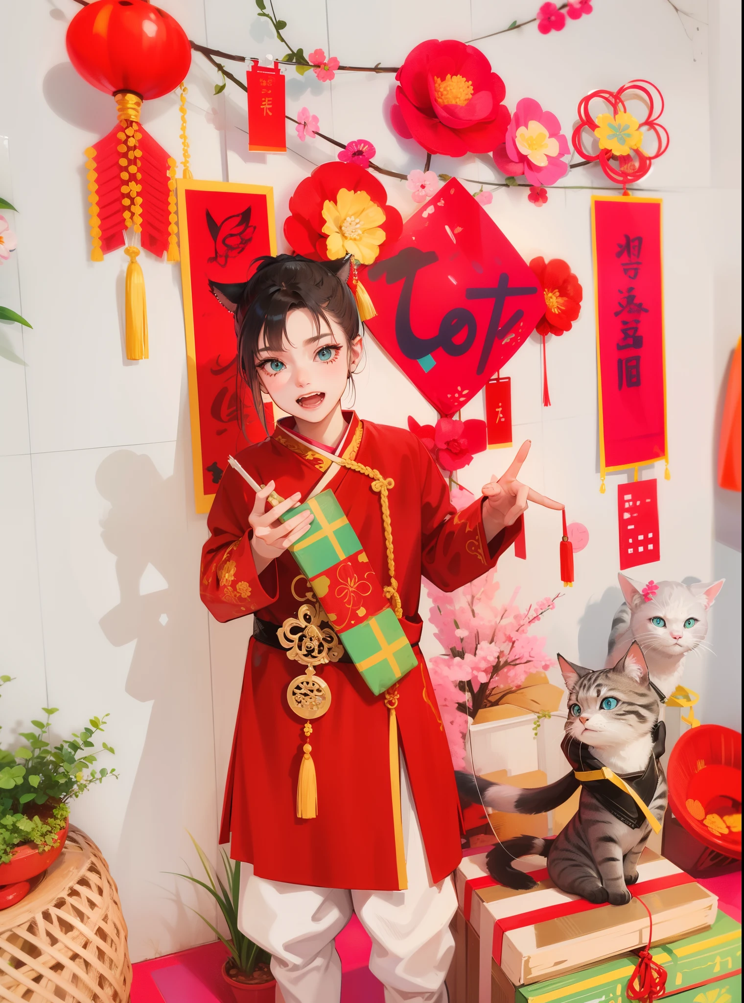 Young guy, short gray hair, high ponytail, Cyan eyes, Cat's ears, Hanfu, Sleeveless, Tatoo, Masterpiece, hiquality