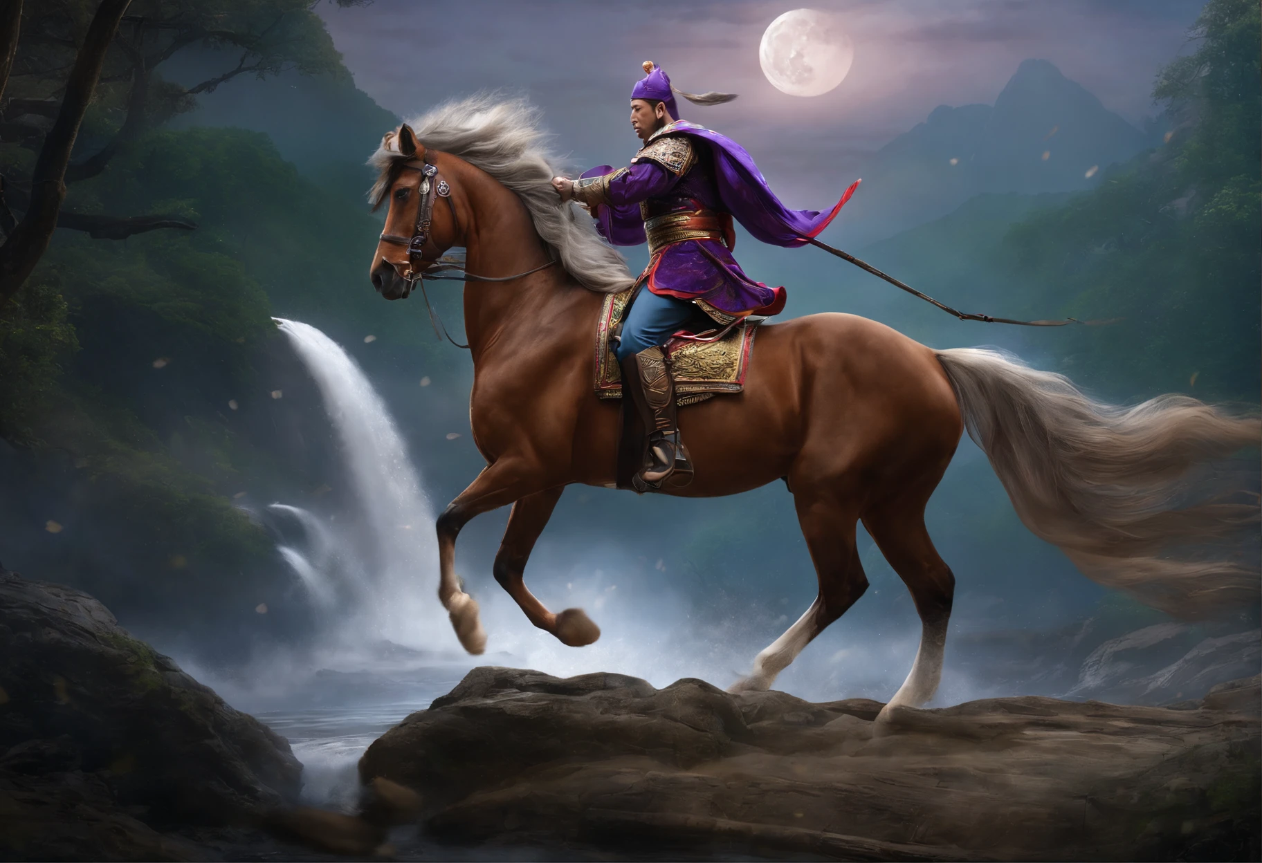 China-style，Classical style，Red Rabbit Horse，large tall，Moon knife，War horses neighed，Holding the Blue Dragon Moon Knife in his hand，mtu，vigorous，mighty，tall and straight，Turn back at 45 °C，Purple shirt，long whitr hair，（Ultra-detailed close-up of faces），Hand pull cord，Look back，The horse jumped，Mountain stream waterfall，Riverside Parkway，Dense woods，