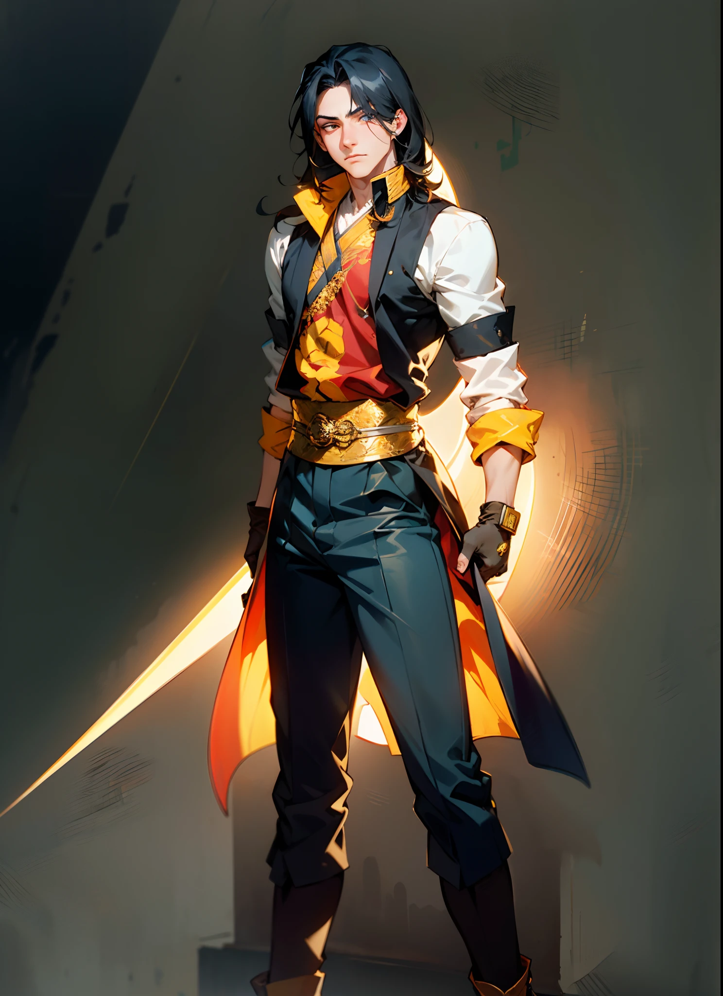 A young man with flowing black hair, a tuft of golden hair that partially covers one eye, a handsome and resolute face, a trace of loneliness in his firm gaze, a two-piece outfit that combines fantasy and martial arts elements, consisting of a tight-fitting shirt and a jacket, the outfit features twisted flame patterns, with white as the main color and red and blue as secondary colors, wears gloves that also serve as wrist guards, dark pants, boots embellished with metal decorations, this character embodies a finely crafted fantasy-style Chinese martial hero design in anime, characterized by a sophisticated and mature manga art style, high definition, best quality, highres, ultra-detailed, ultra-fine painting, extremely delicate, professional, anatomically correct, symmetrical face, extremely detailed eyes and face, high quality eyes, creativity, RAW photo, UHD, 8k, Natural light, cinematic lighting, masterpiece:1.5