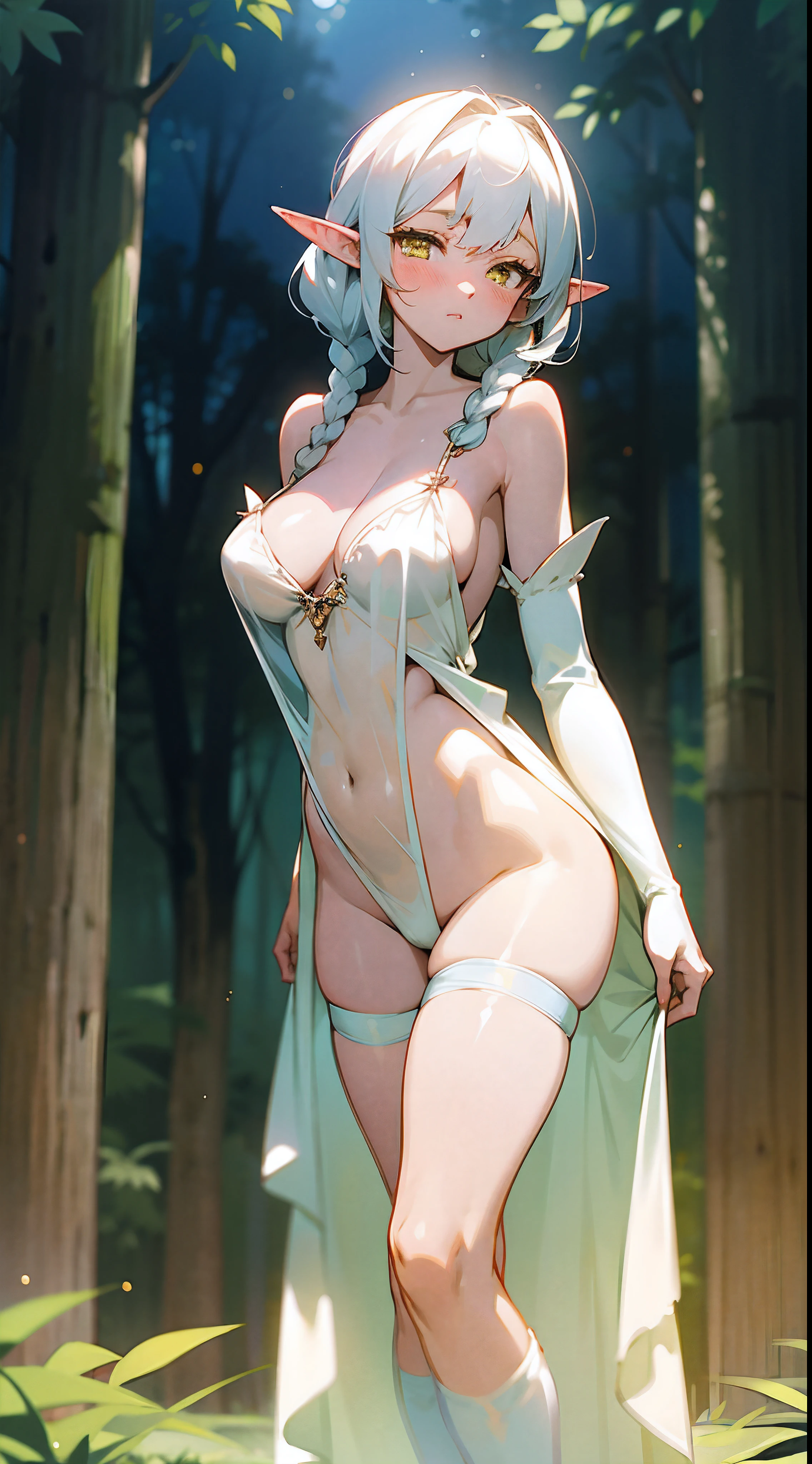 anime girl in a white dress standing in a forest, elf girl, a sexy pixie in a magical forest, pixie princess, shiny white skin, (nightgown:1.3) lingerie, portrait, huge beasts, thighs, skinny, narrow waist, blushing, white hair, twin braids, yellow eyes, facing viewer, knee socks, bare shoulders, medium hair, elegant, flirting, gentle, facing viewer, bellybutton, perfect hips